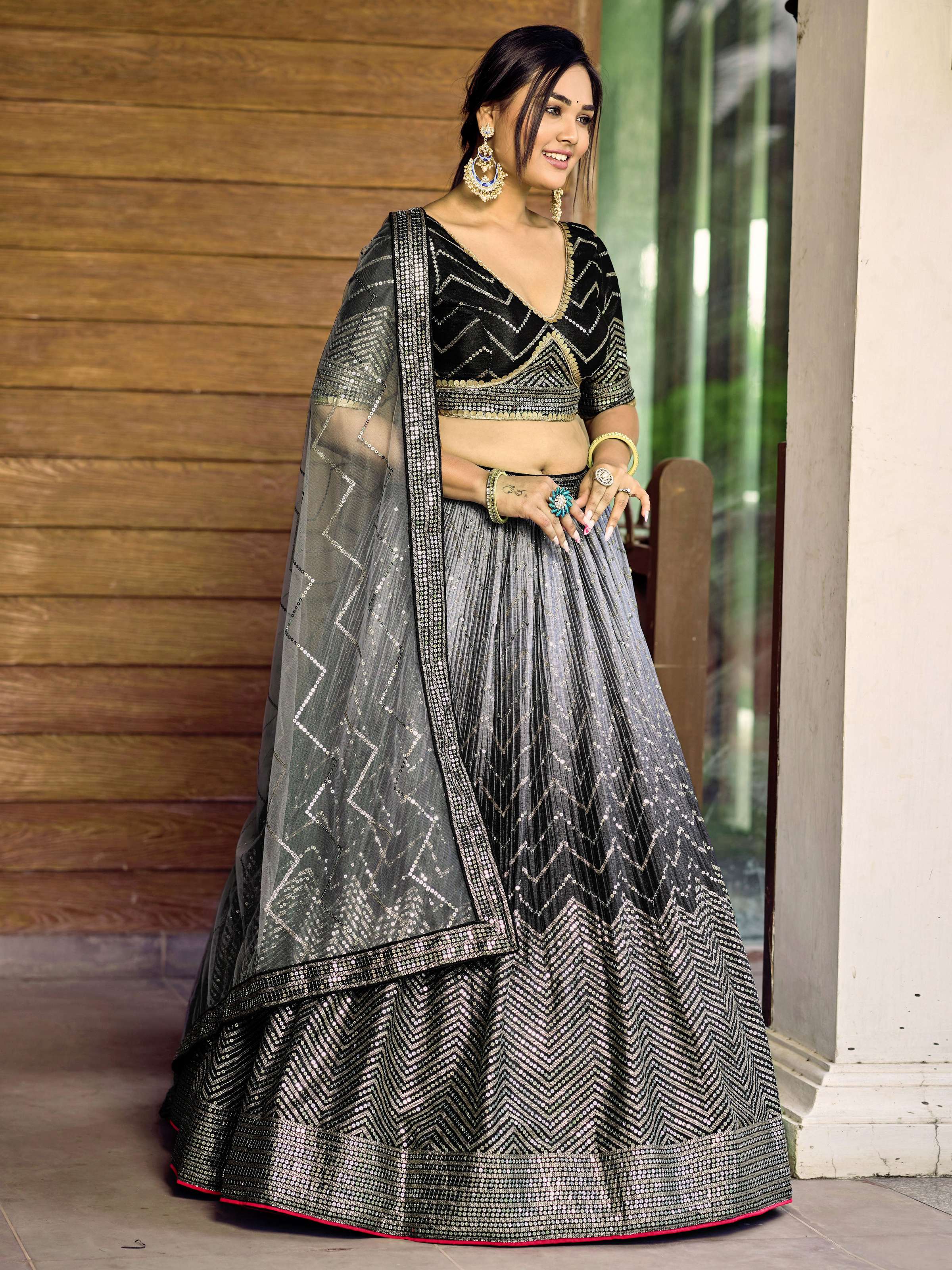Jyoti Fashion Women's Black Chinon Sequins Thread Embroidered Lehenga Choli & Dupatta