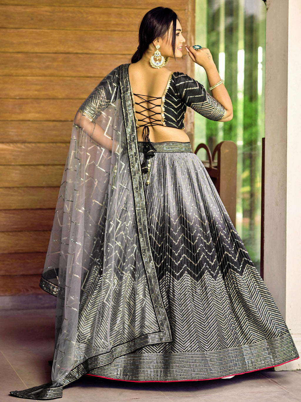 Jyoti Fashion Women's Black Chinon Sequins Thread Embroidered Lehenga Choli & Dupatta