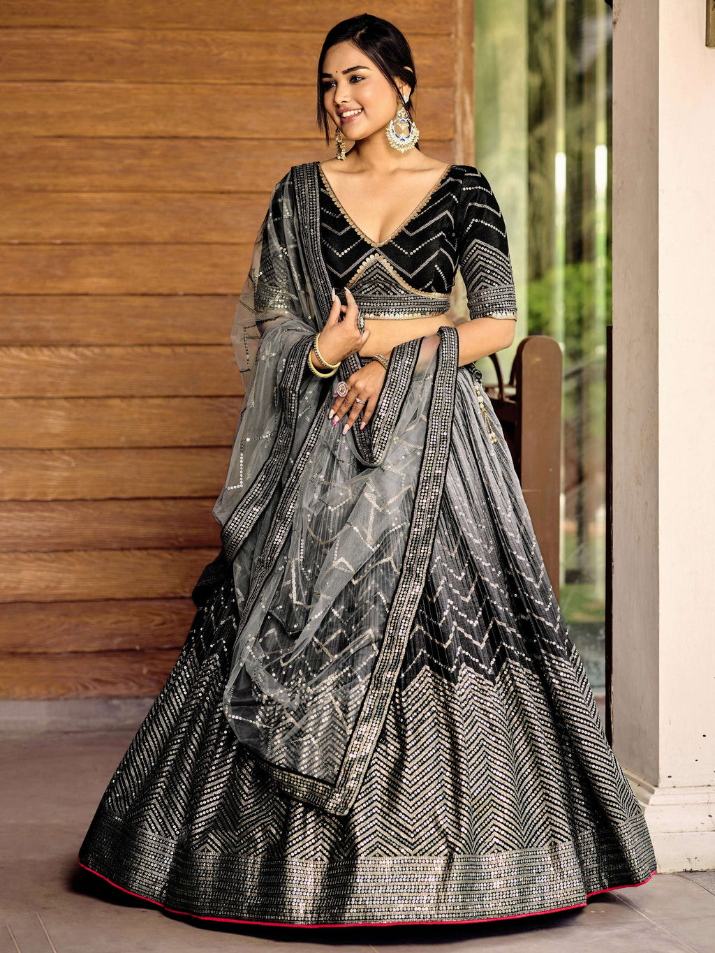 Jyoti Fashion Women's Black Chinon Sequins Thread Embroidered Lehenga Choli & Dupatta