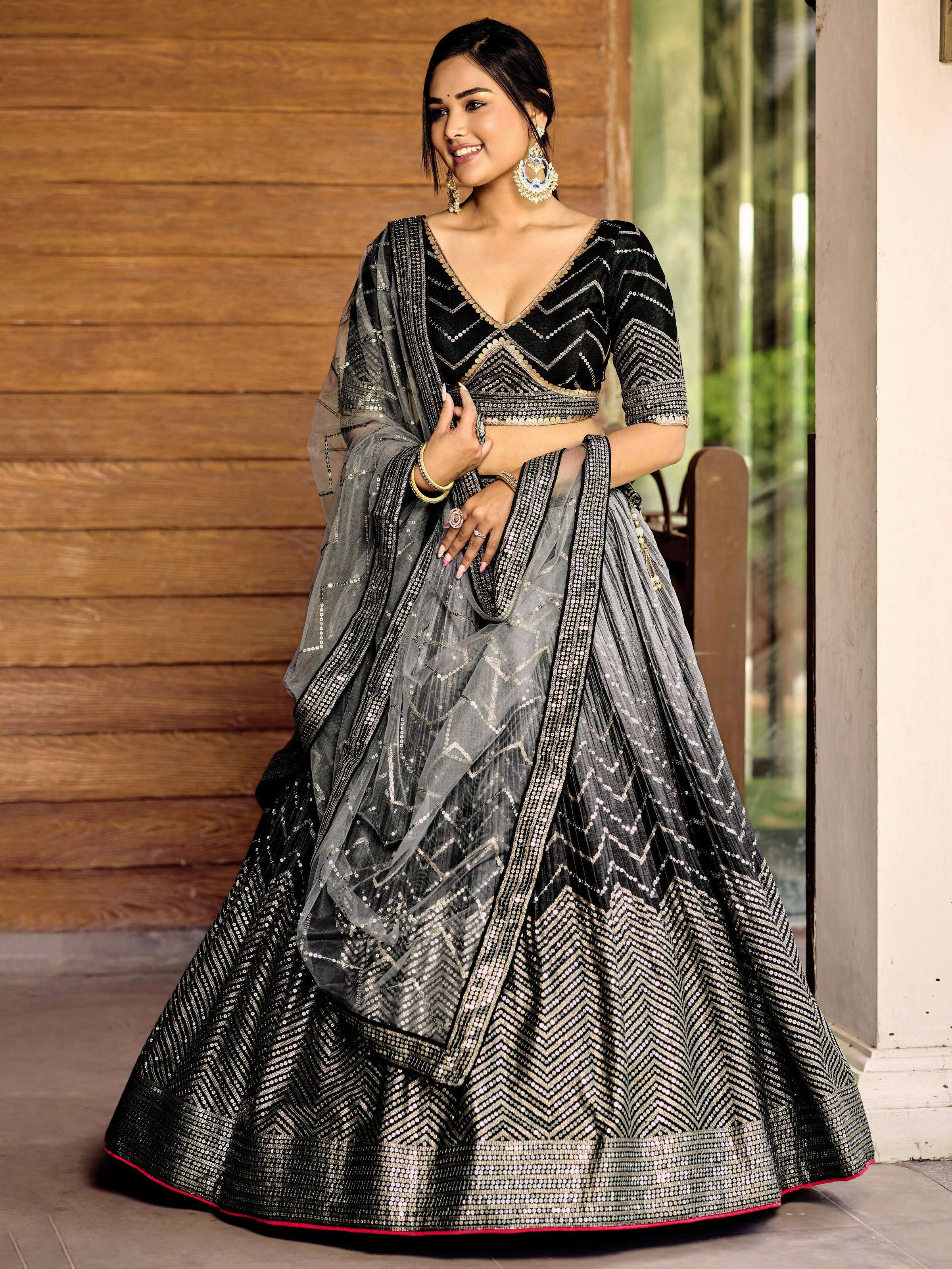 Jyoti Fashion Women's Black Chinon Sequins Thread Embroidered Lehenga Choli & Dupatta