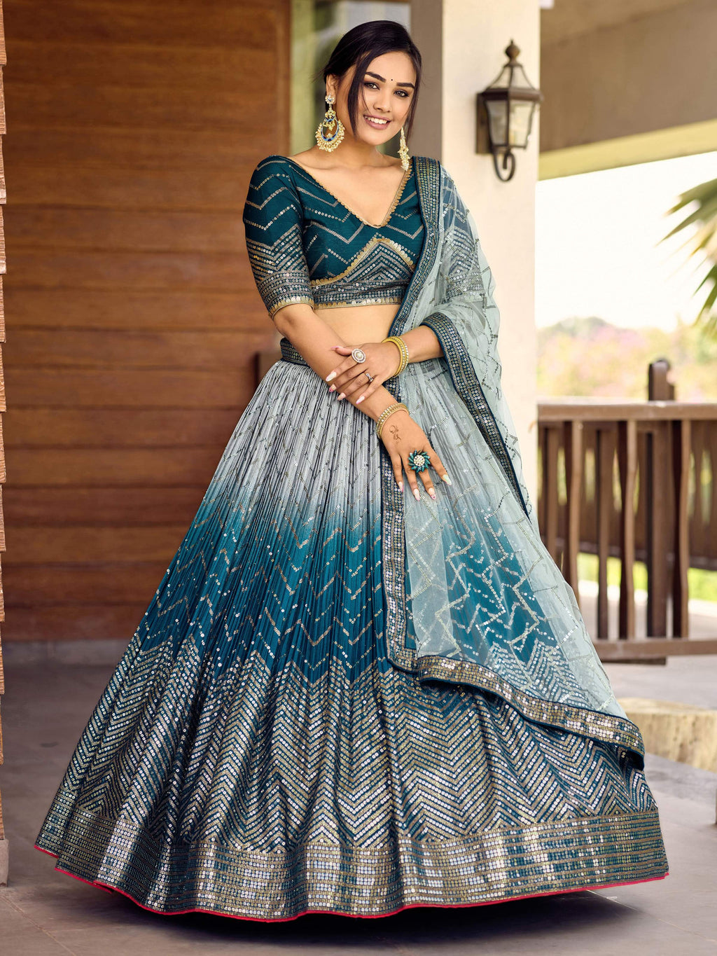 Jyoti Fashion Women's Blue Chinon Sequins Thread Embroidered Lehenga Choli & Dupatta