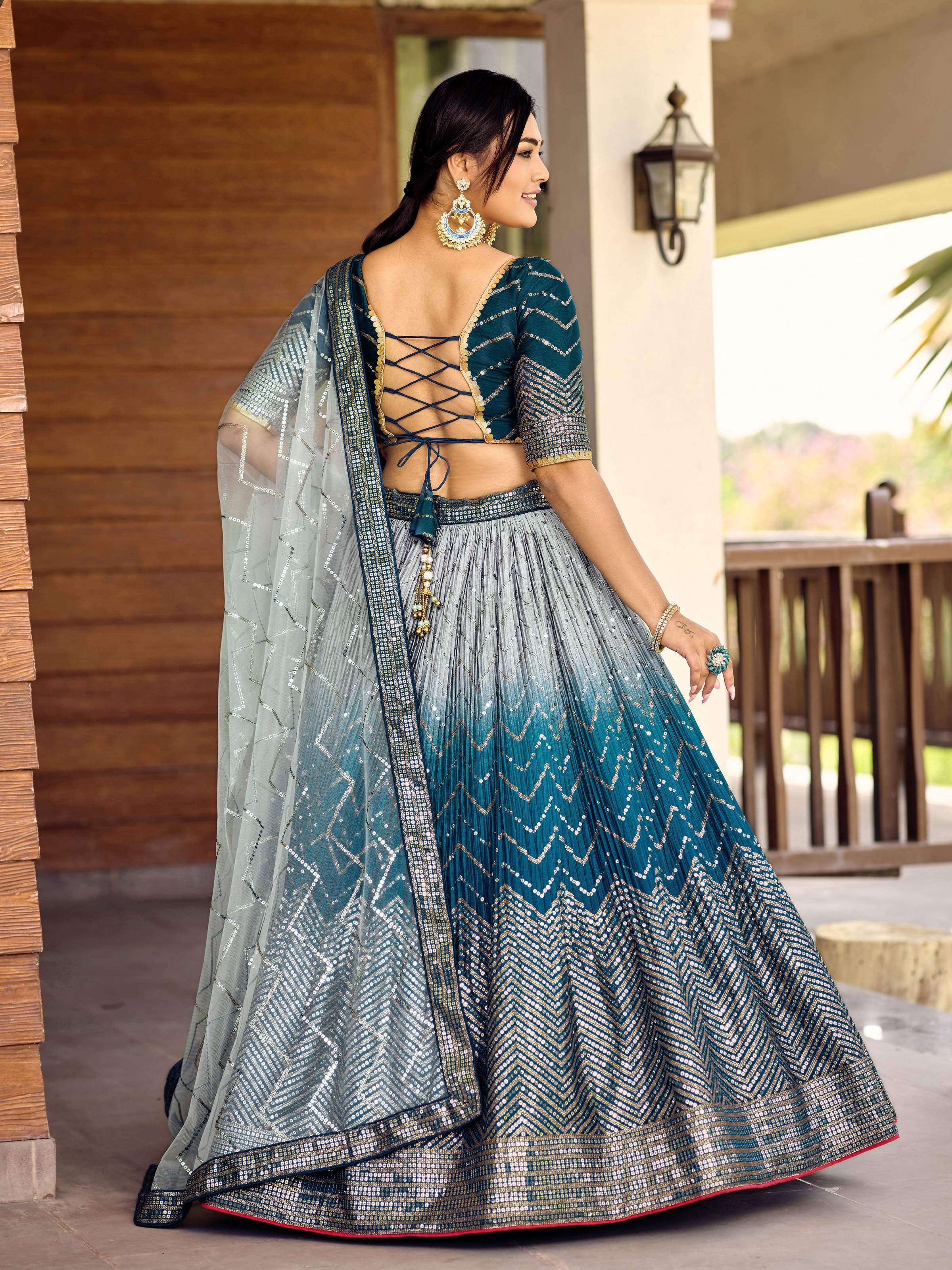 Jyoti Fashion Women's Blue Chinon Sequins Thread Embroidered Lehenga Choli & Dupatta