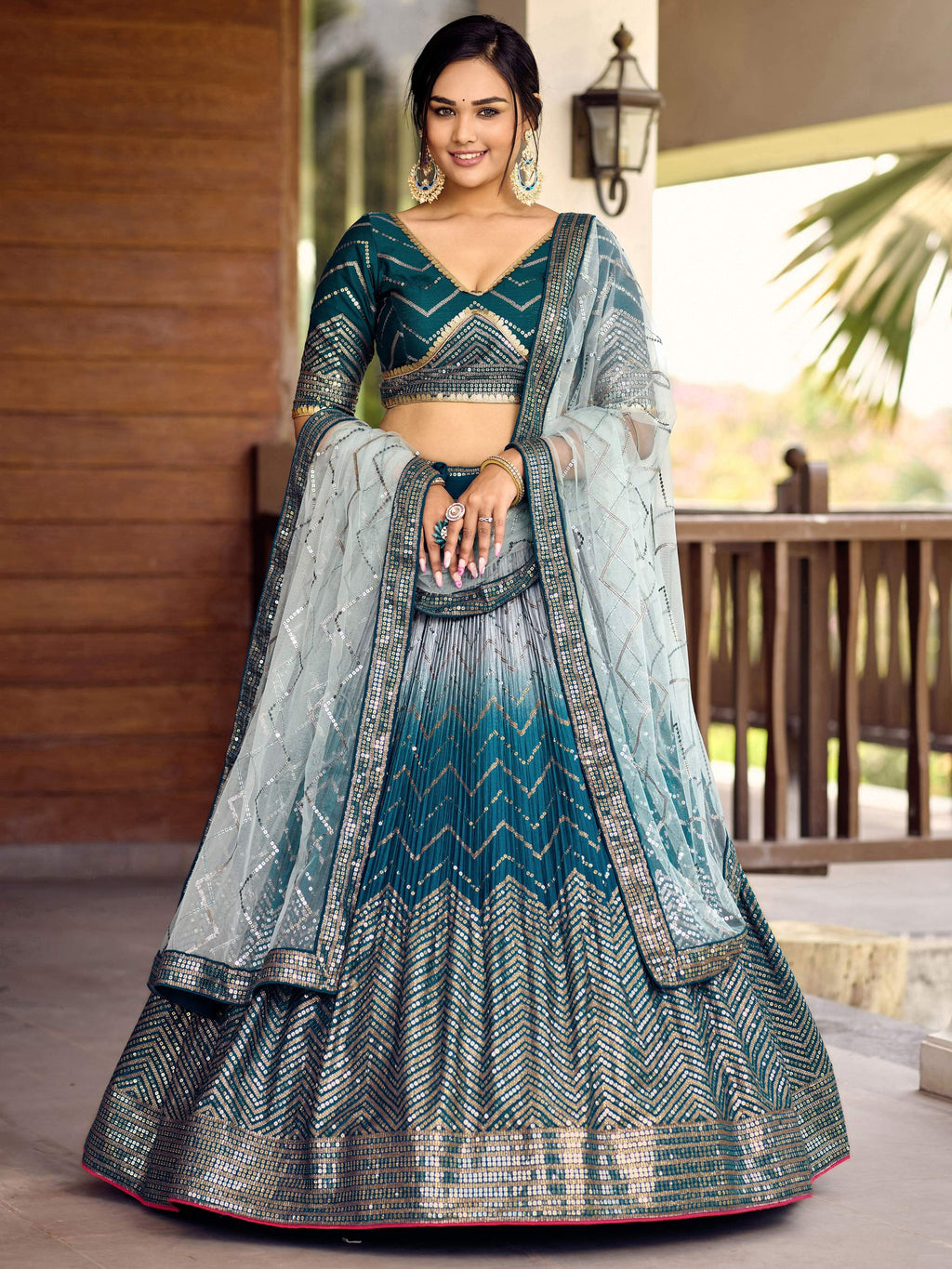 Jyoti Fashion Women's Blue Chinon Sequins Thread Embroidered Lehenga Choli & Dupatta