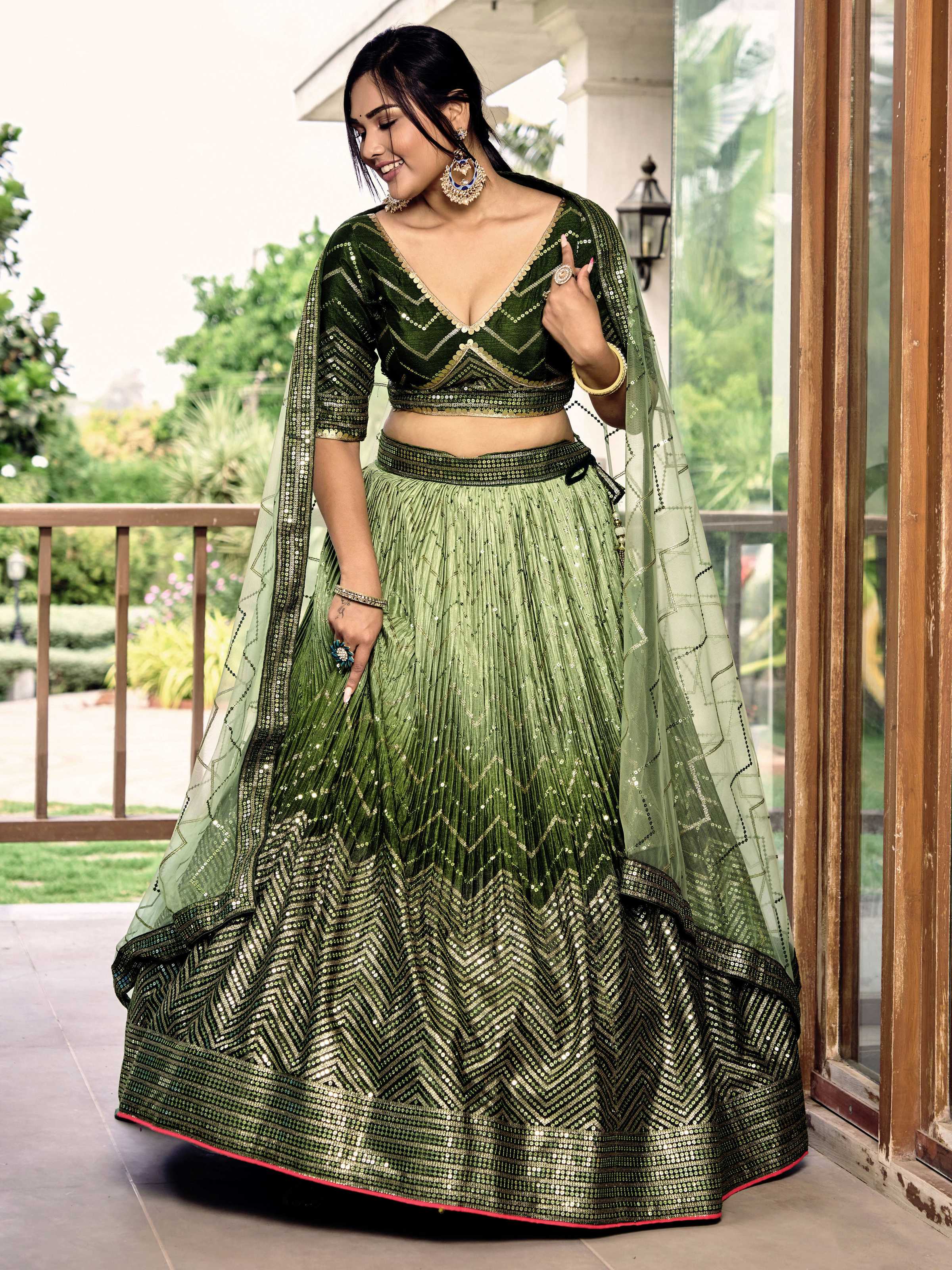 Jyoti Fashion Women's Green Chinon Sequins Thread Embroidered Lehenga Choli & Dupatta
