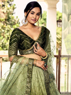 Jyoti Fashion Women's Green Chinon Sequins Thread Embroidered Lehenga Choli & Dupatta