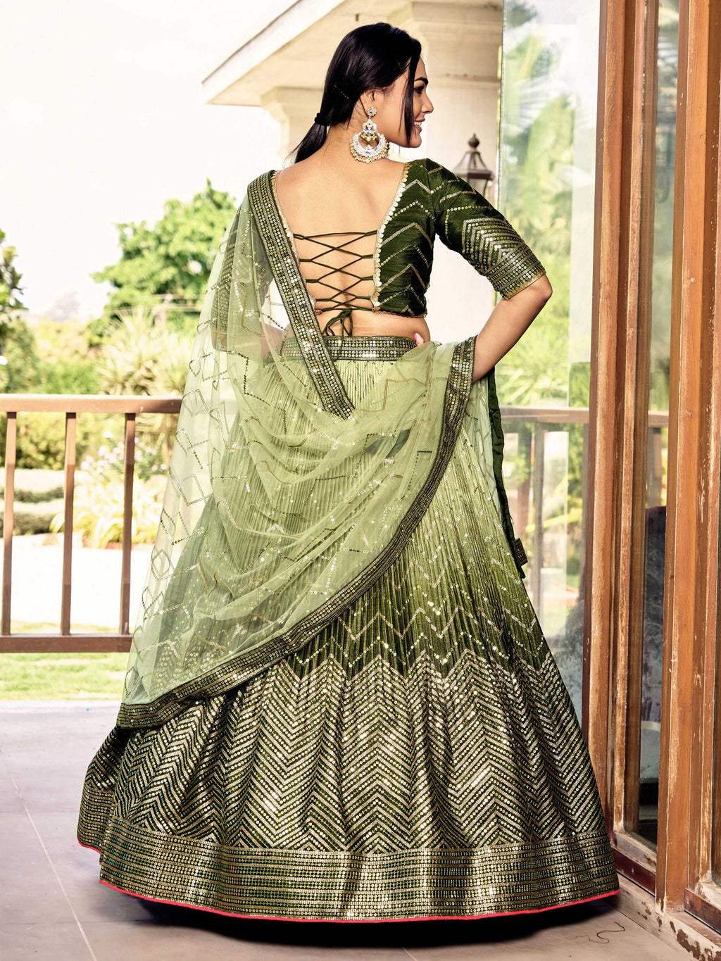Jyoti Fashion Women's Green Chinon Sequins Thread Embroidered Lehenga Choli & Dupatta