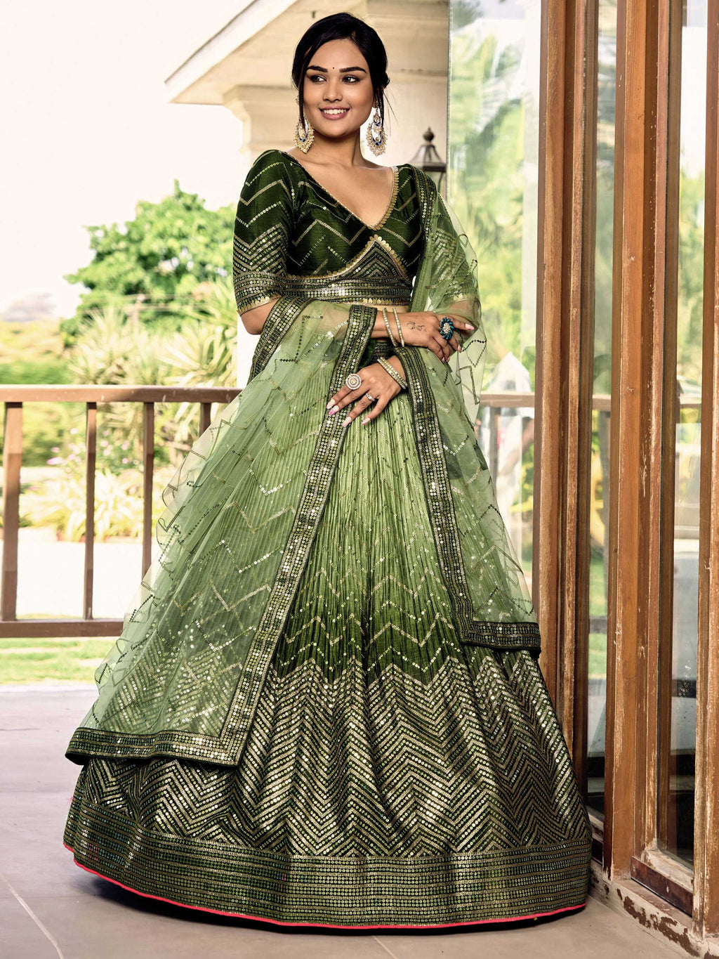 Jyoti Fashion Women's Green Chinon Sequins Thread Embroidered Lehenga Choli & Dupatta