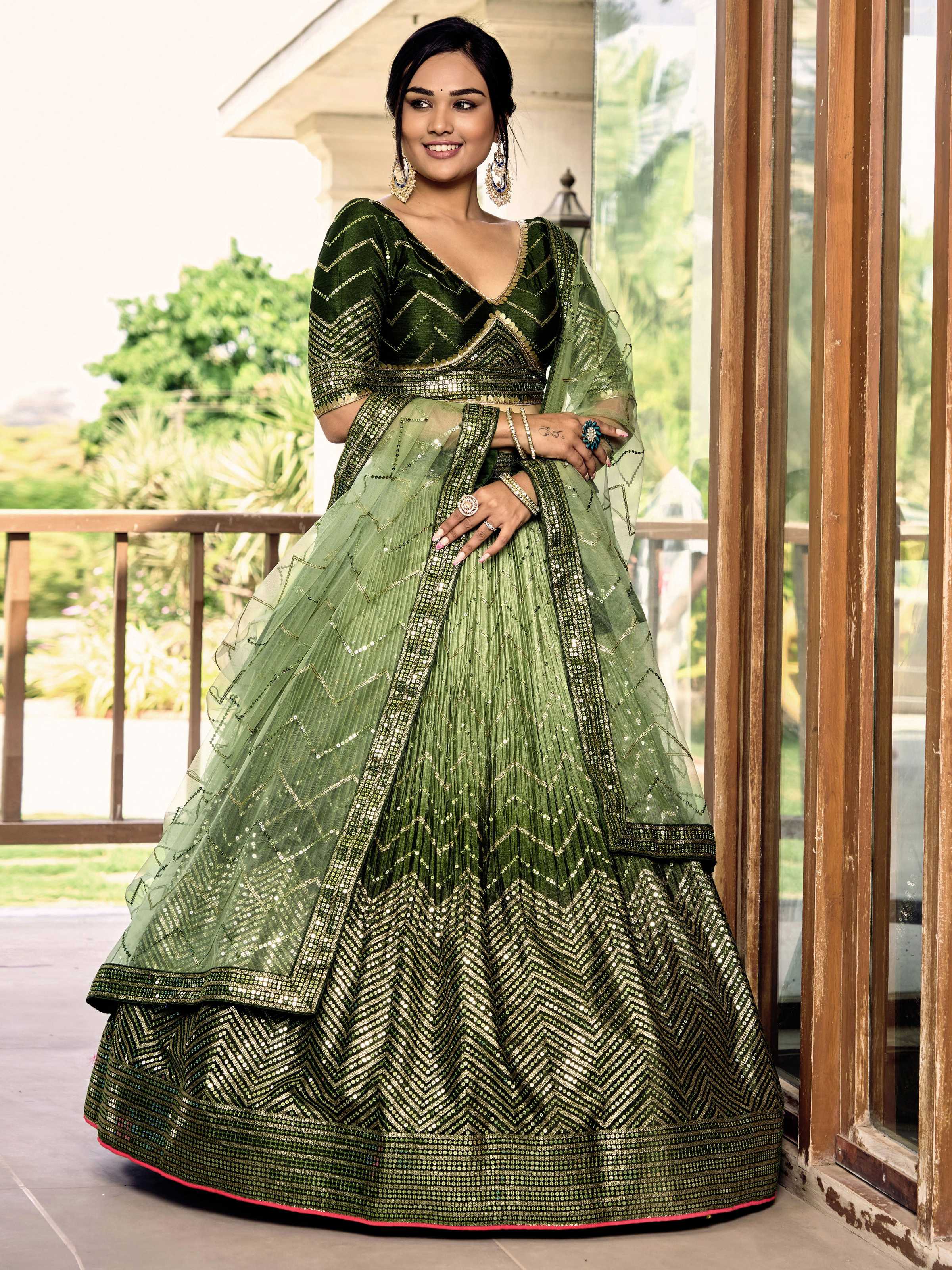Jyoti Fashion Women's Green Chinon Sequins Thread Embroidered Lehenga Choli & Dupatta