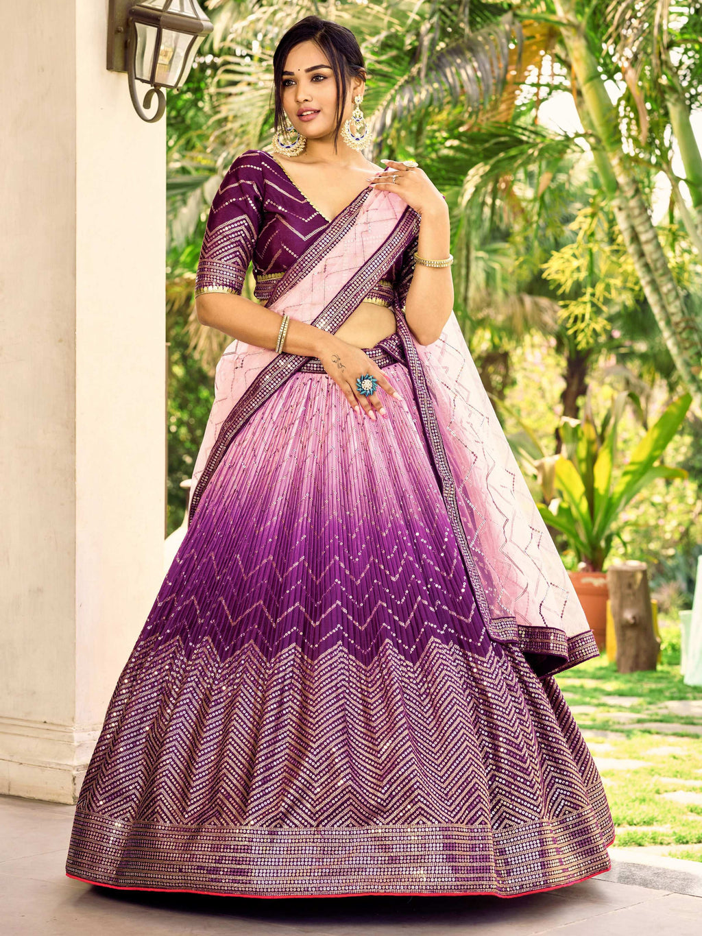 Jyoti Fashion Women's Purple Chinon Sequins Thread Embroidered Lehenga Choli & Dupatta