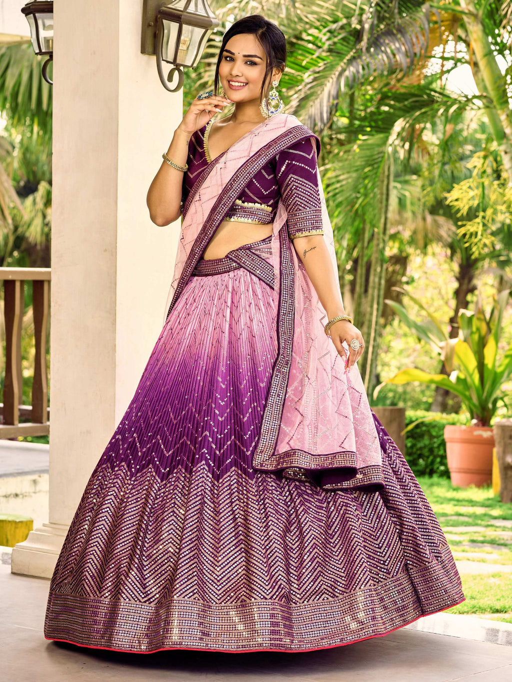 Jyoti Fashion Women's Purple Chinon Sequins Thread Embroidered Lehenga Choli & Dupatta