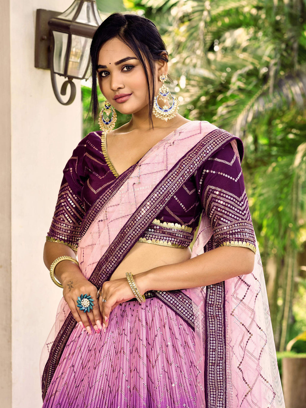 Jyoti Fashion Women's Purple Chinon Sequins Thread Embroidered Lehenga Choli & Dupatta