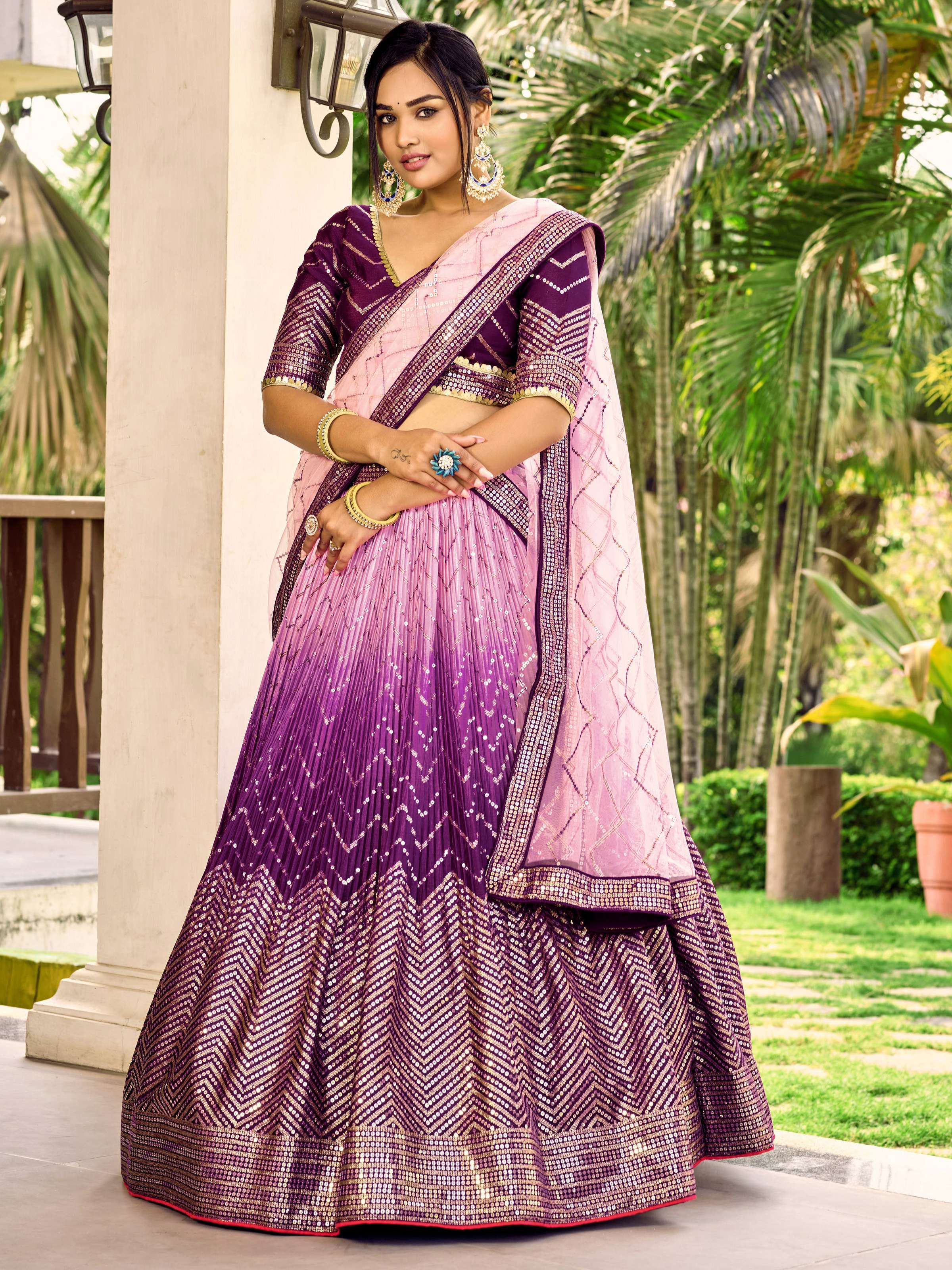 Jyoti Fashion Women's Purple Chinon Sequins Thread Embroidered Lehenga Choli & Dupatta