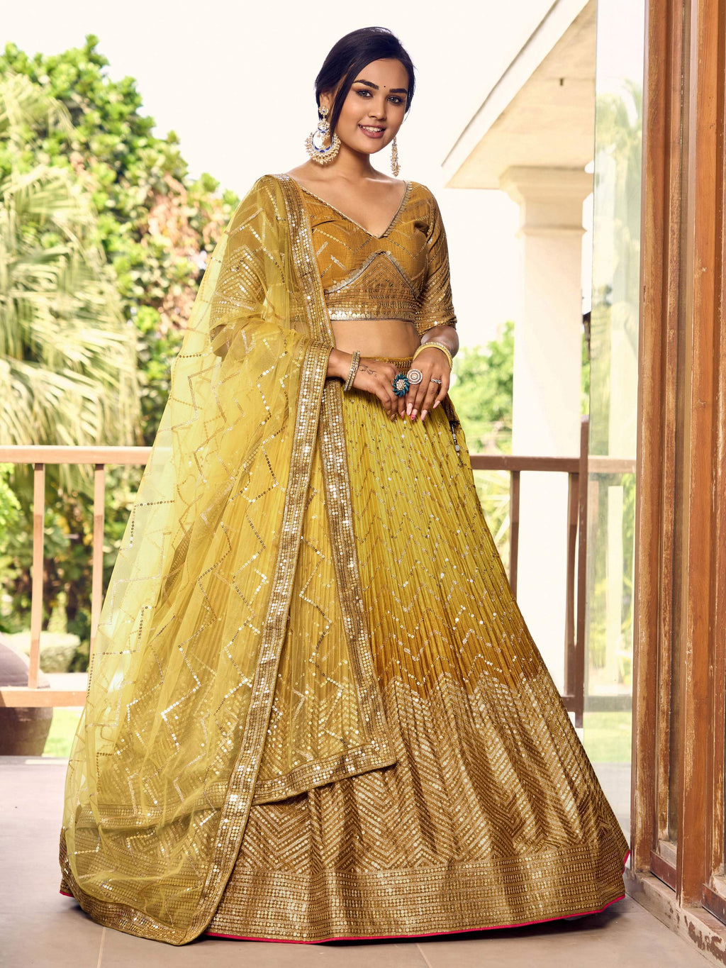 Jyoti Fashion Women's Yellow Chinon Sequins Thread Embroidered Lehenga Choli & Dupatta