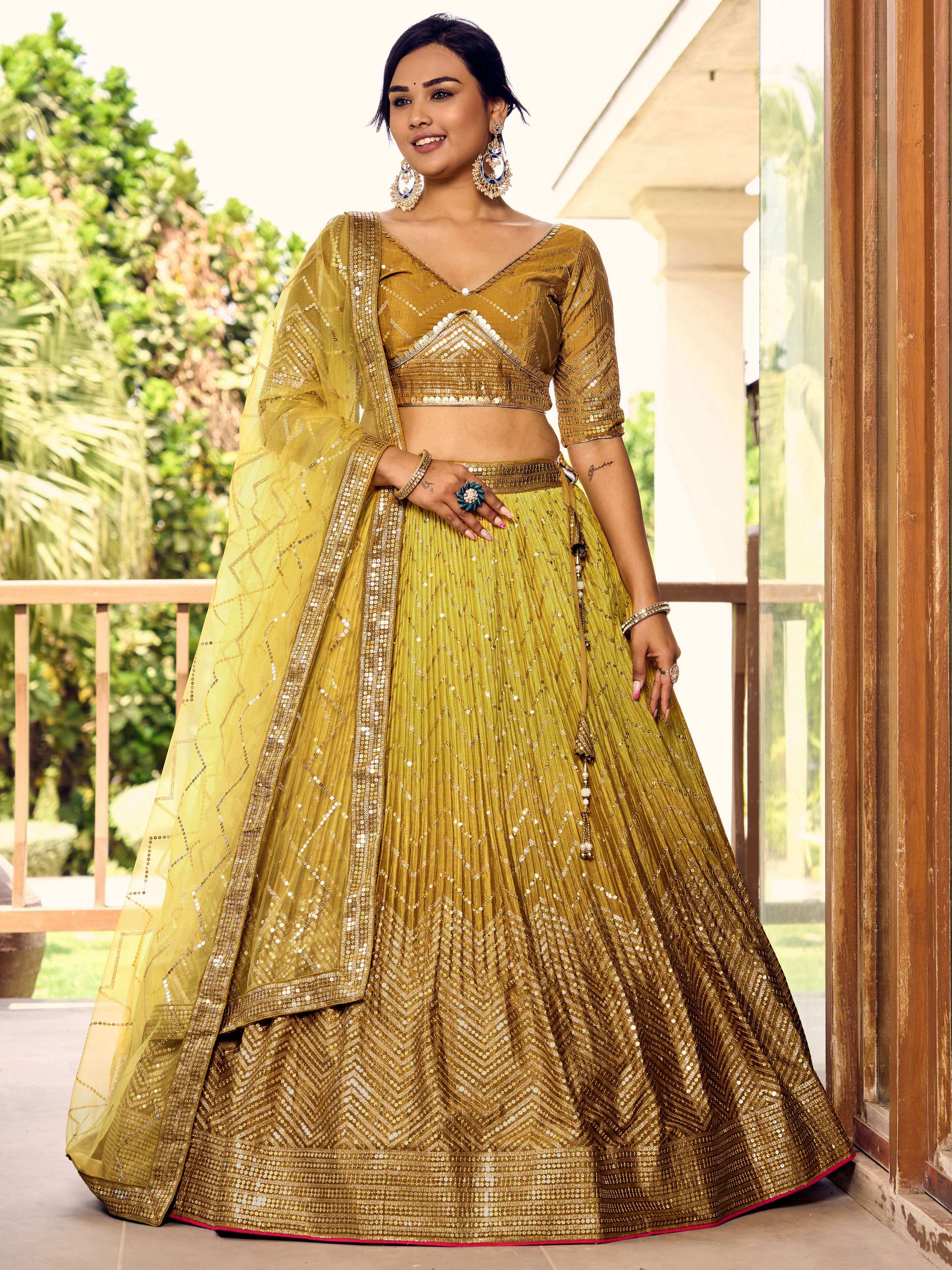 Jyoti Fashion Women's Yellow Chinon Sequins Thread Embroidered Lehenga Choli & Dupatta