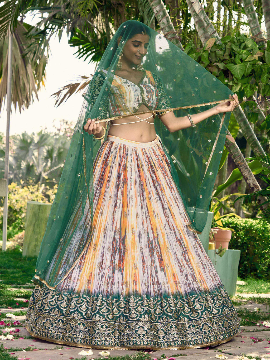 Jyoti Fashion Women's Green Chinon Digital Print with Sequins Zari Embroidered Lehenga Choli & Dupatta