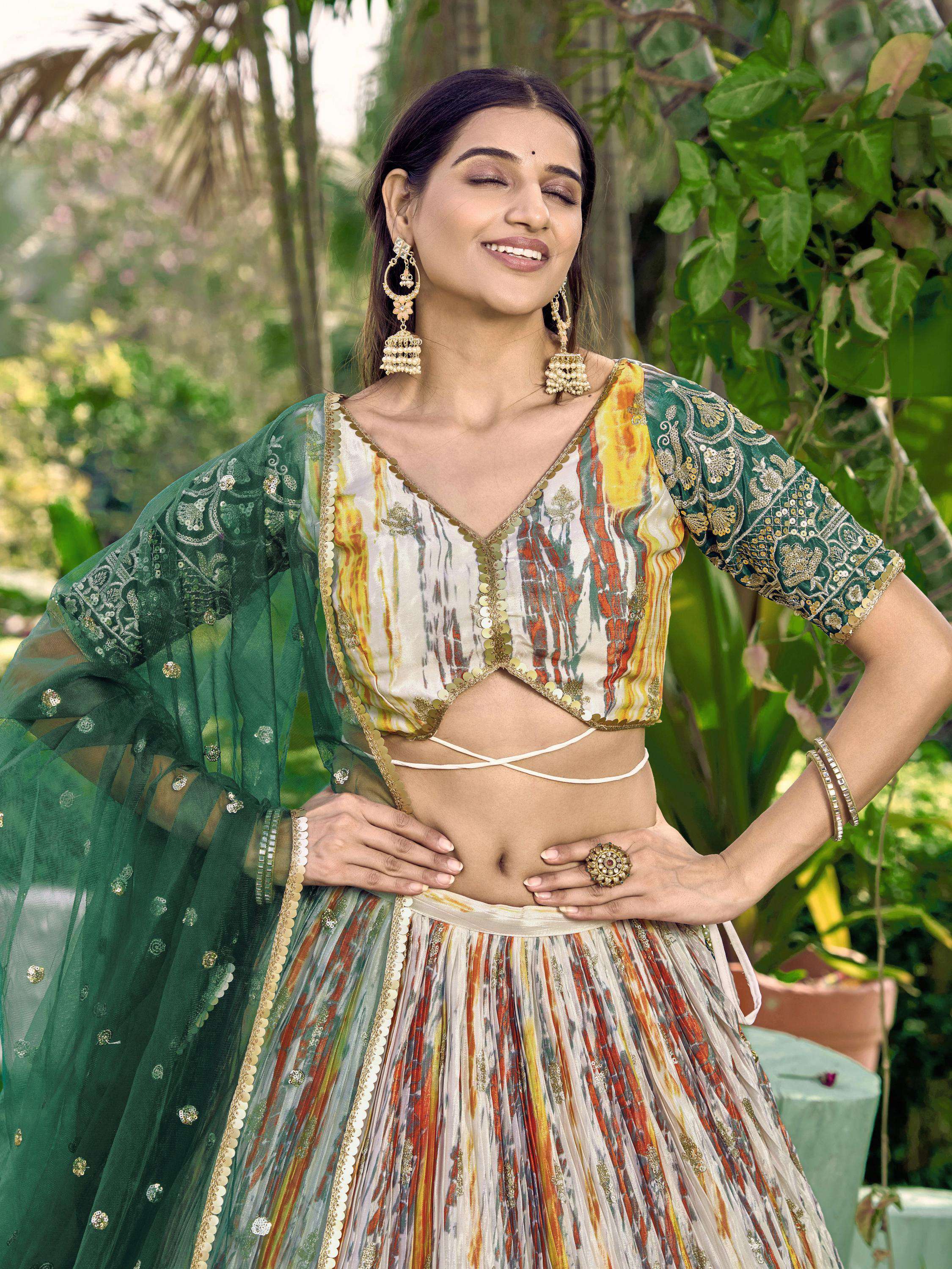 Jyoti Fashion Women's Green Chinon Digital Print with Sequins Zari Embroidered Lehenga Choli & Dupatta