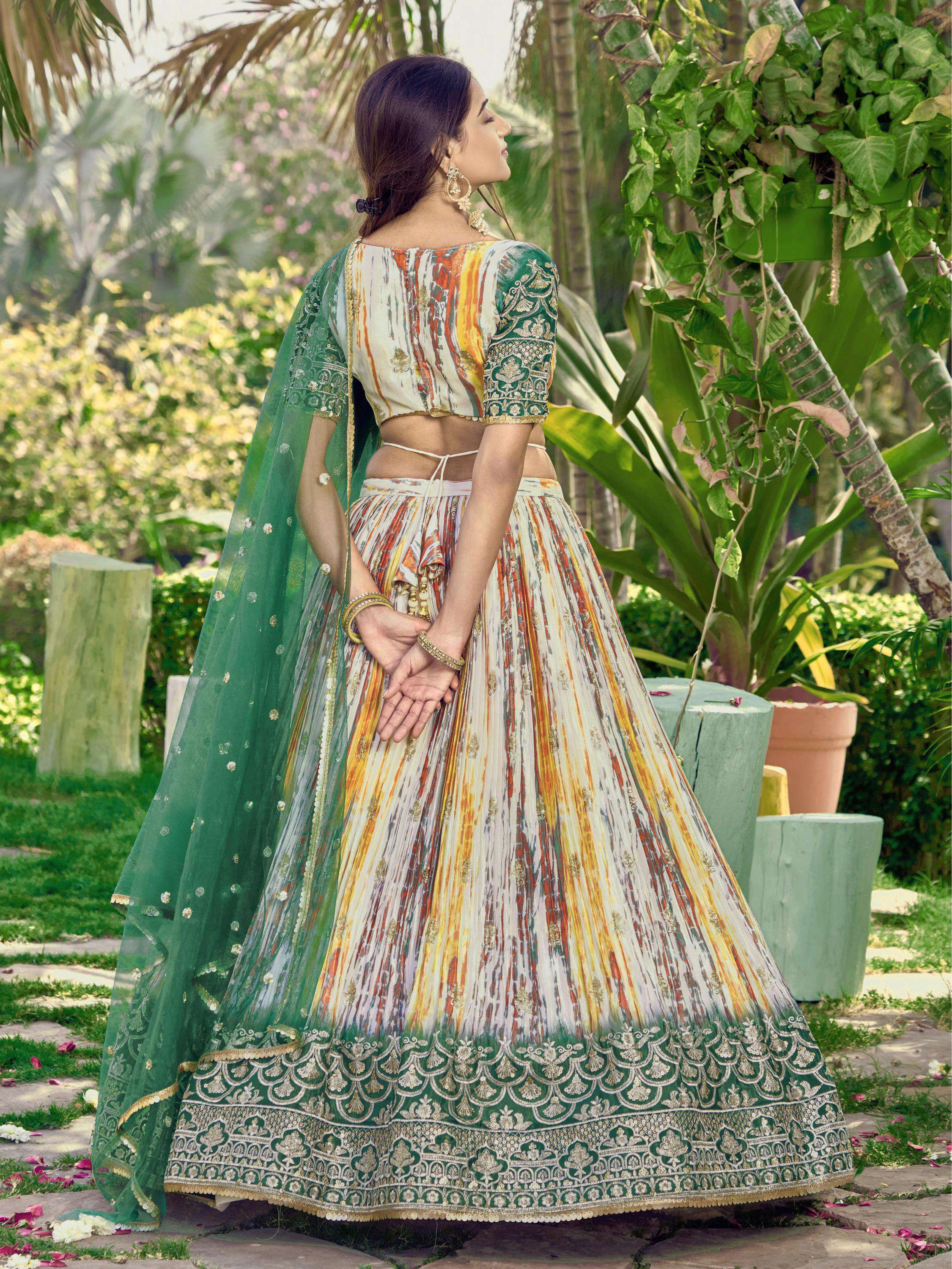 Jyoti Fashion Women's Green Chinon Digital Print with Sequins Zari Embroidered Lehenga Choli & Dupatta