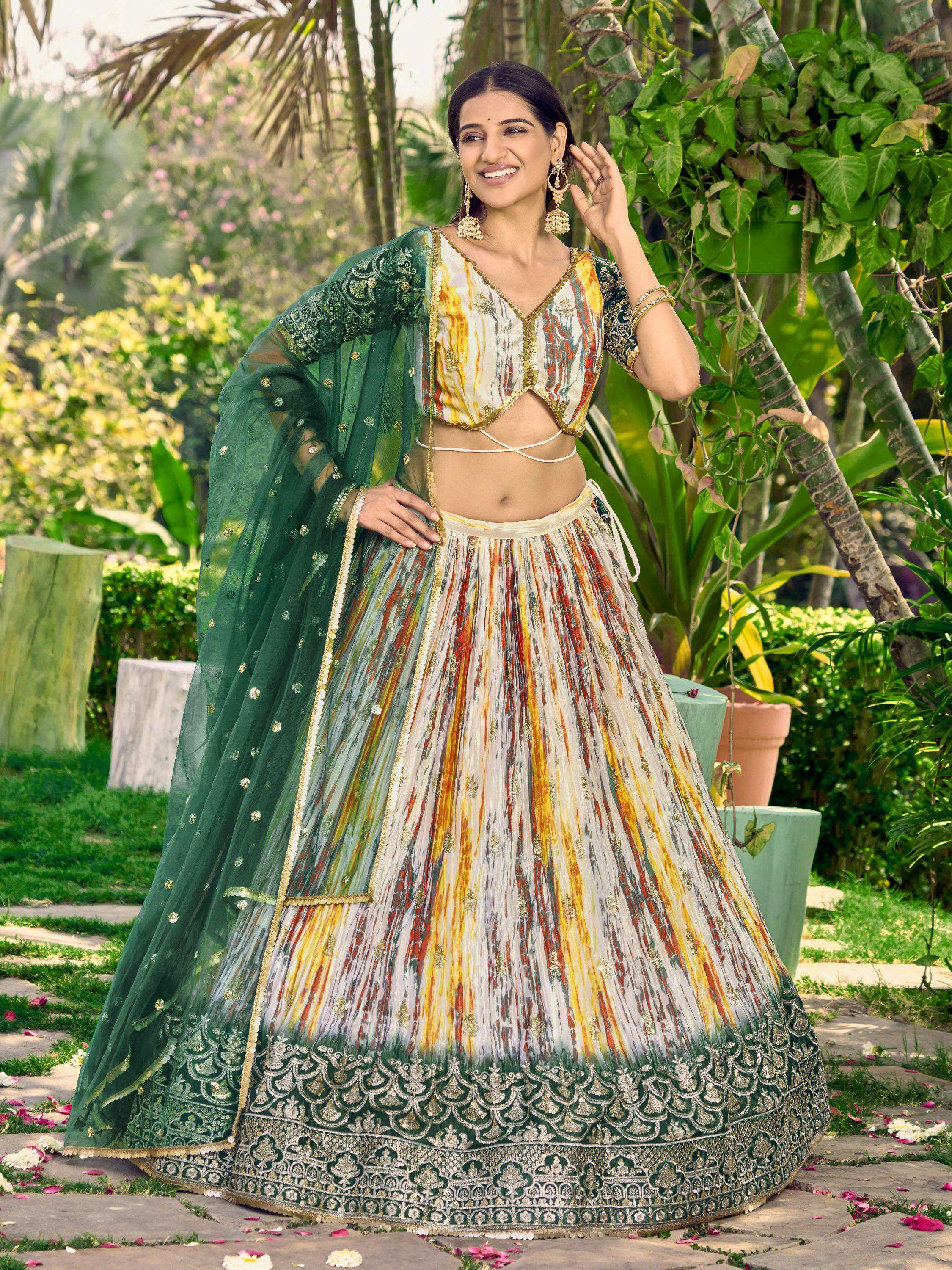 Jyoti Fashion Women's Green Chinon Digital Print with Sequins Zari Embroidered Lehenga Choli & Dupatta