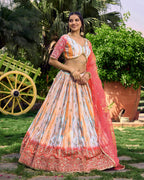 Jyoti Fashion Women's Pink Chinon Digital Print with Sequins Zari Embroidered Lehenga Choli & Dupatta