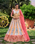 Jyoti Fashion Women's Pink Chinon Digital Print with Sequins Zari Embroidered Lehenga Choli & Dupatta
