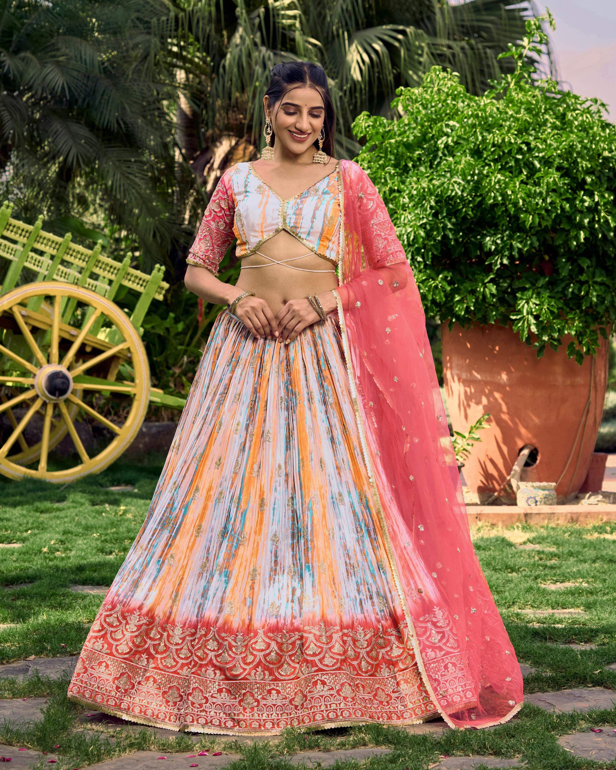 Jyoti Fashion Women's Pink Chinon Digital Print with Sequins Zari Embroidered Lehenga Choli & Dupatta