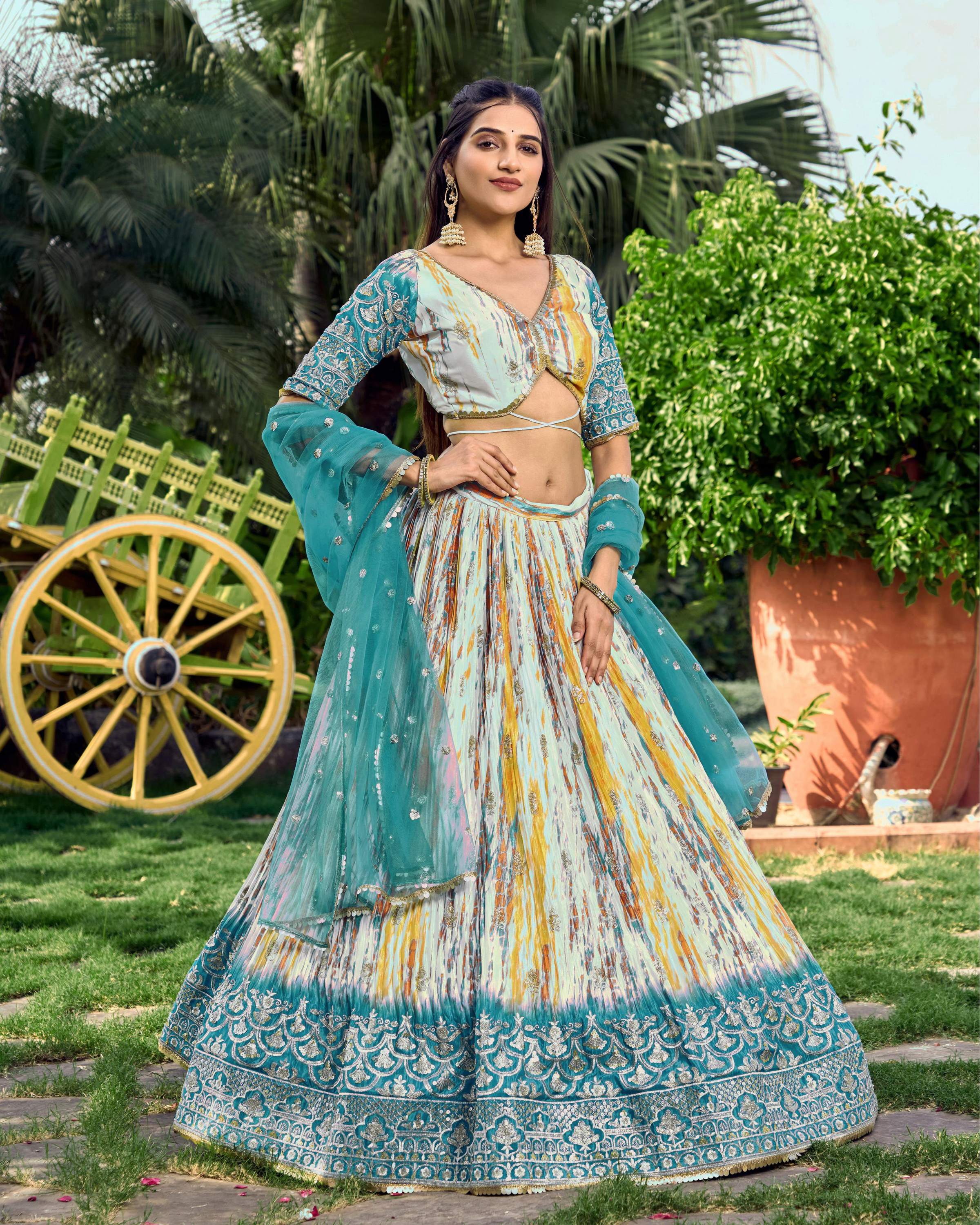 Jyoti Fashion Women's Rama Chinon Digital Print with Sequins Zari Embroidered Lehenga Choli & Dupatta