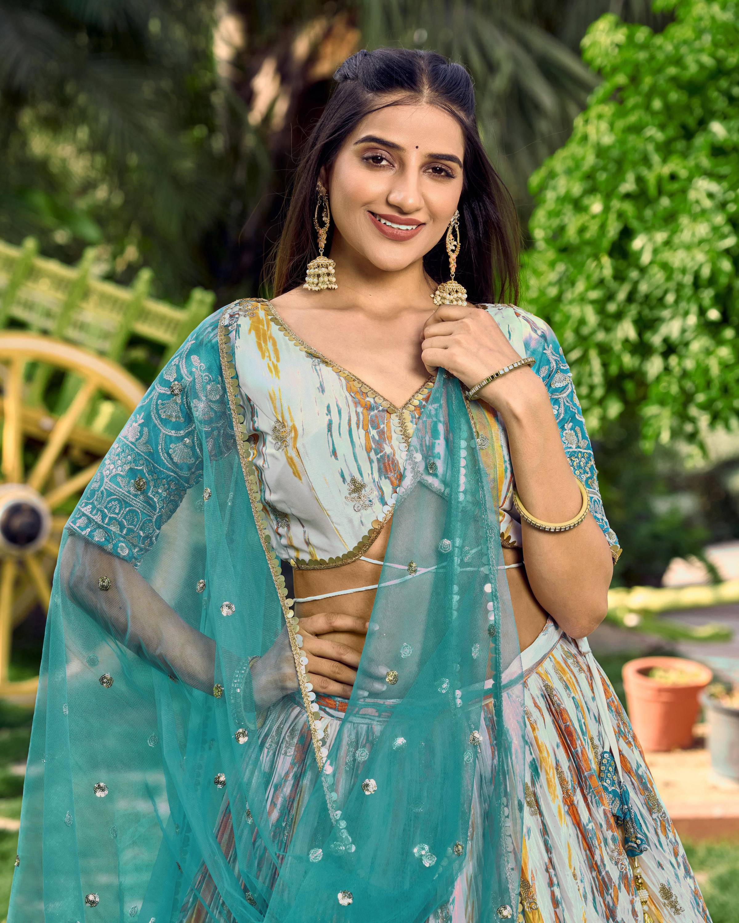 Jyoti Fashion Women's Rama Chinon Digital Print with Sequins Zari Embroidered Lehenga Choli & Dupatta