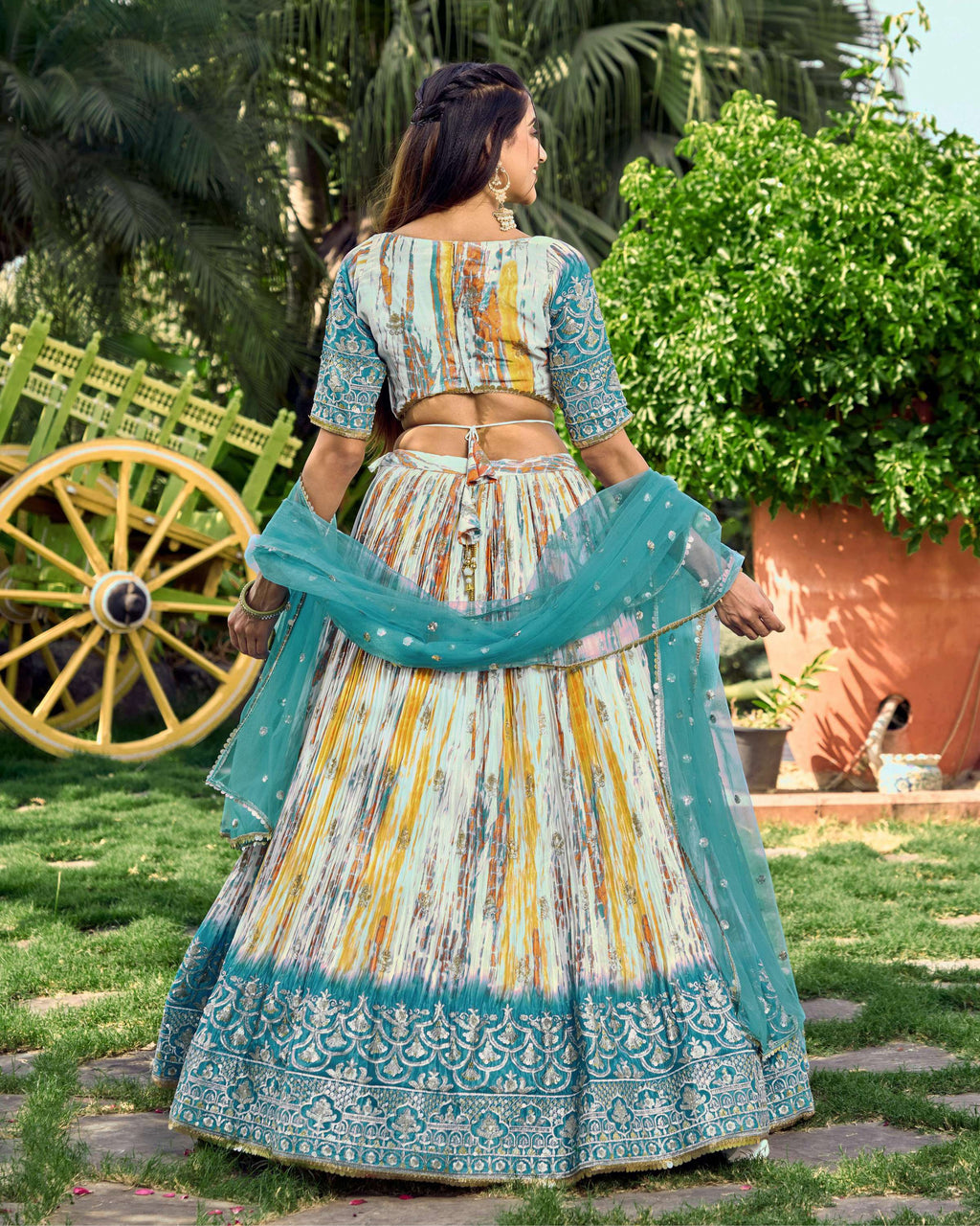 Jyoti Fashion Women's Rama Chinon Digital Print with Sequins Zari Embroidered Lehenga Choli & Dupatta