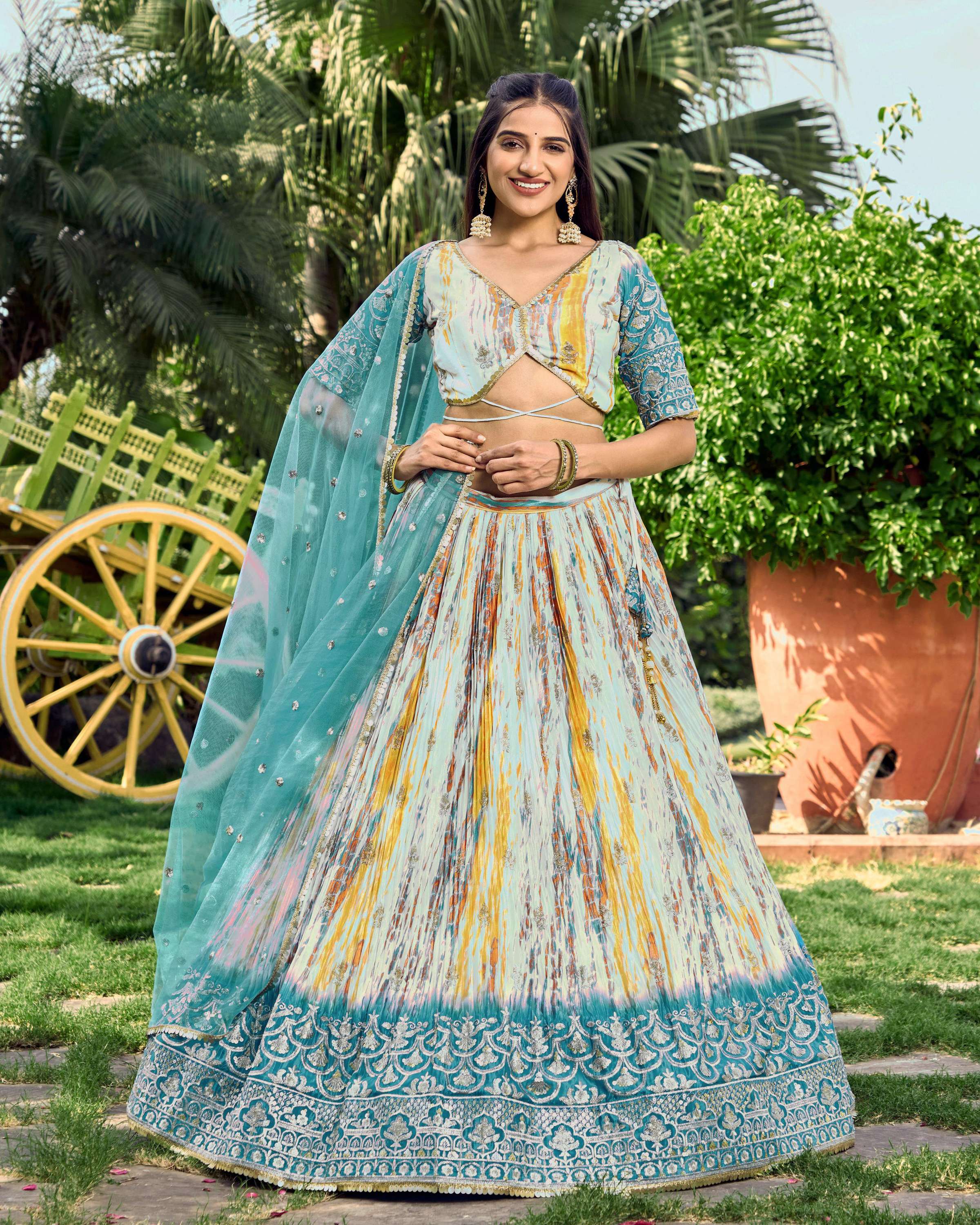 Jyoti Fashion Women's Rama Chinon Digital Print with Sequins Zari Embroidered Lehenga Choli & Dupatta
