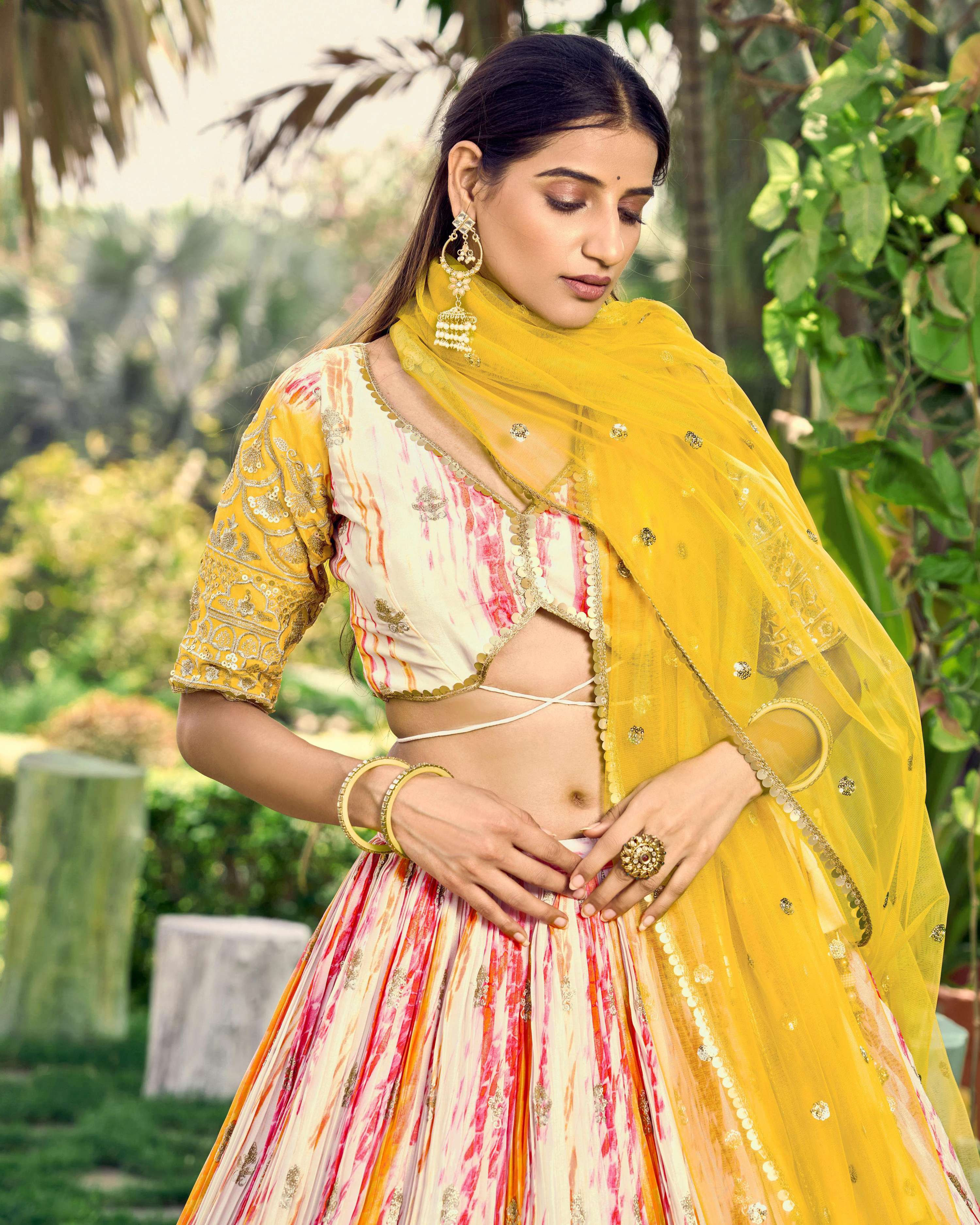 Jyoti Fashion Women's Yellow Chinon Digital Print with Sequins Zari Embroidered Lehenga Choli & Dupatta