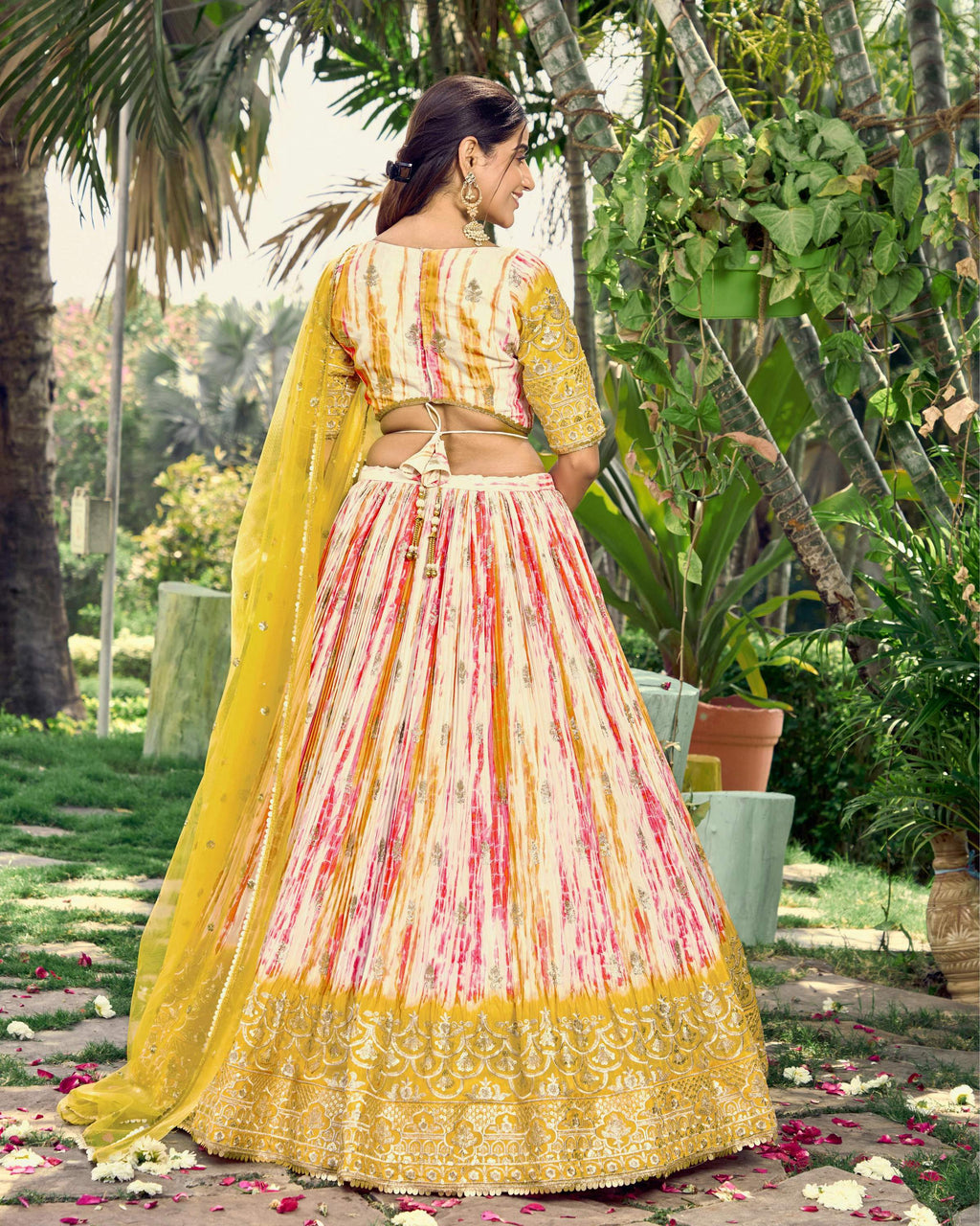 Jyoti Fashion Women's Yellow Chinon Digital Print with Sequins Zari Embroidered Lehenga Choli & Dupatta