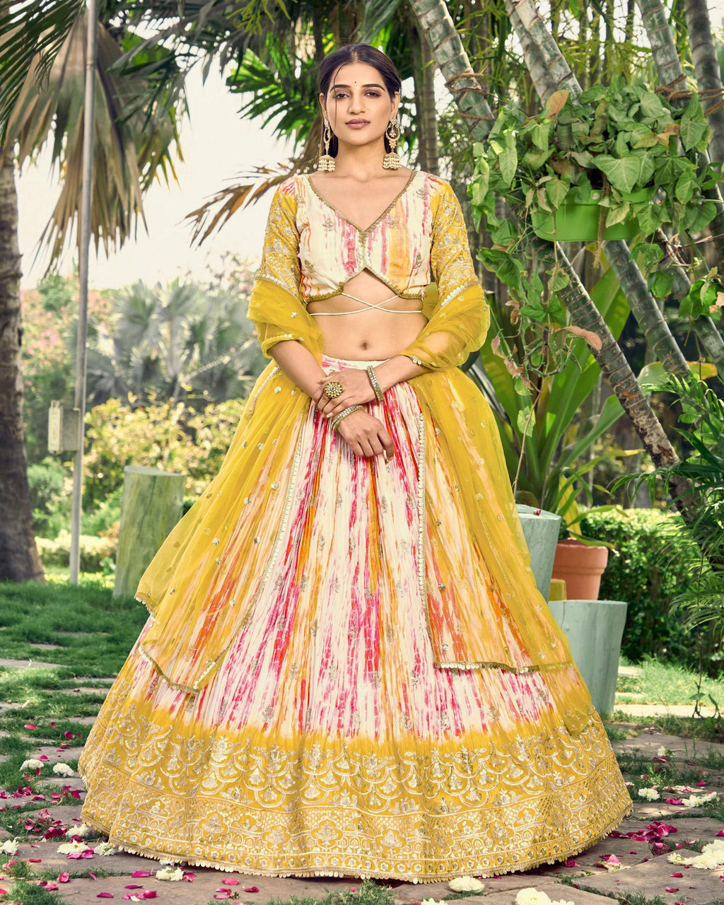 Jyoti Fashion Women's Yellow Chinon Digital Print with Sequins Zari Embroidered Lehenga Choli & Dupatta