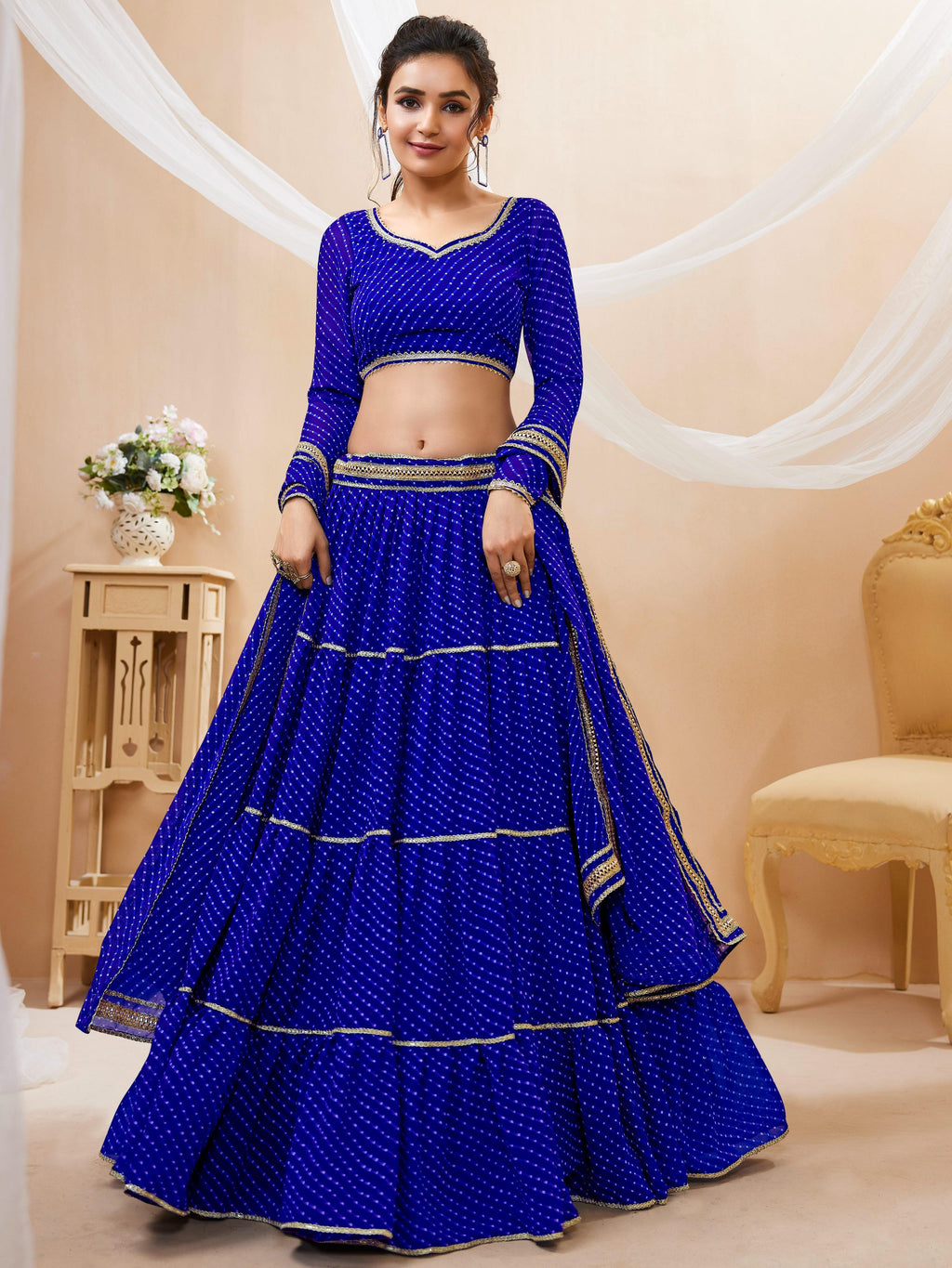 Jyoti Fashion Women's Blue Georgette Leheriya Printed with Lace Work Lehenga Choli & Dupatta
