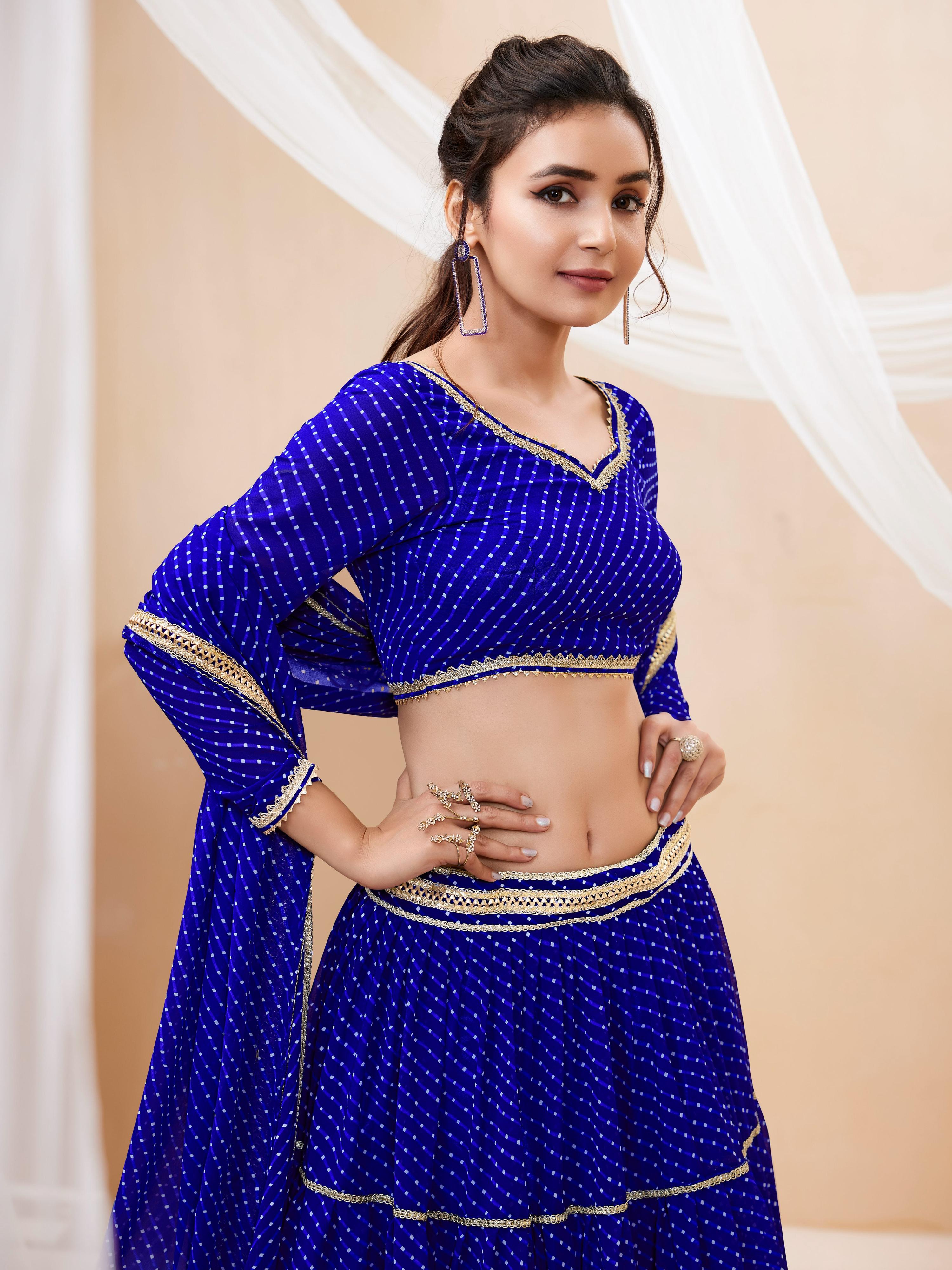 Jyoti Fashion Women's Blue Georgette Leheriya Printed with Lace Work Lehenga Choli & Dupatta
