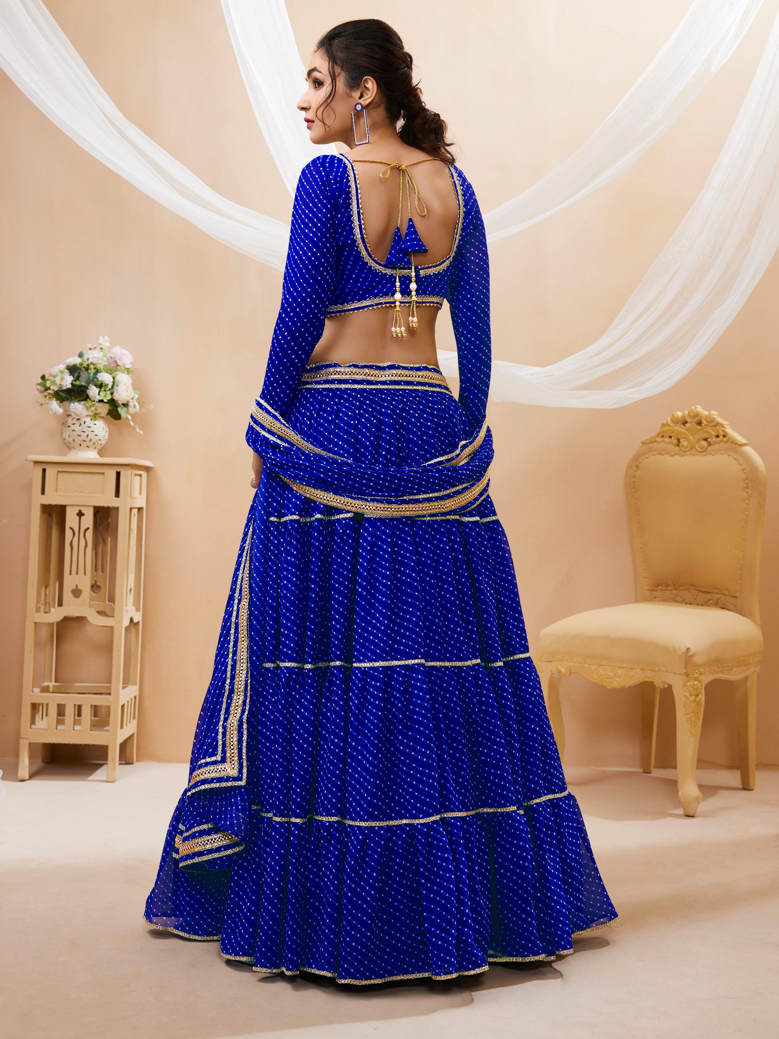 Jyoti Fashion Women's Blue Georgette Leheriya Printed with Lace Work Lehenga Choli & Dupatta