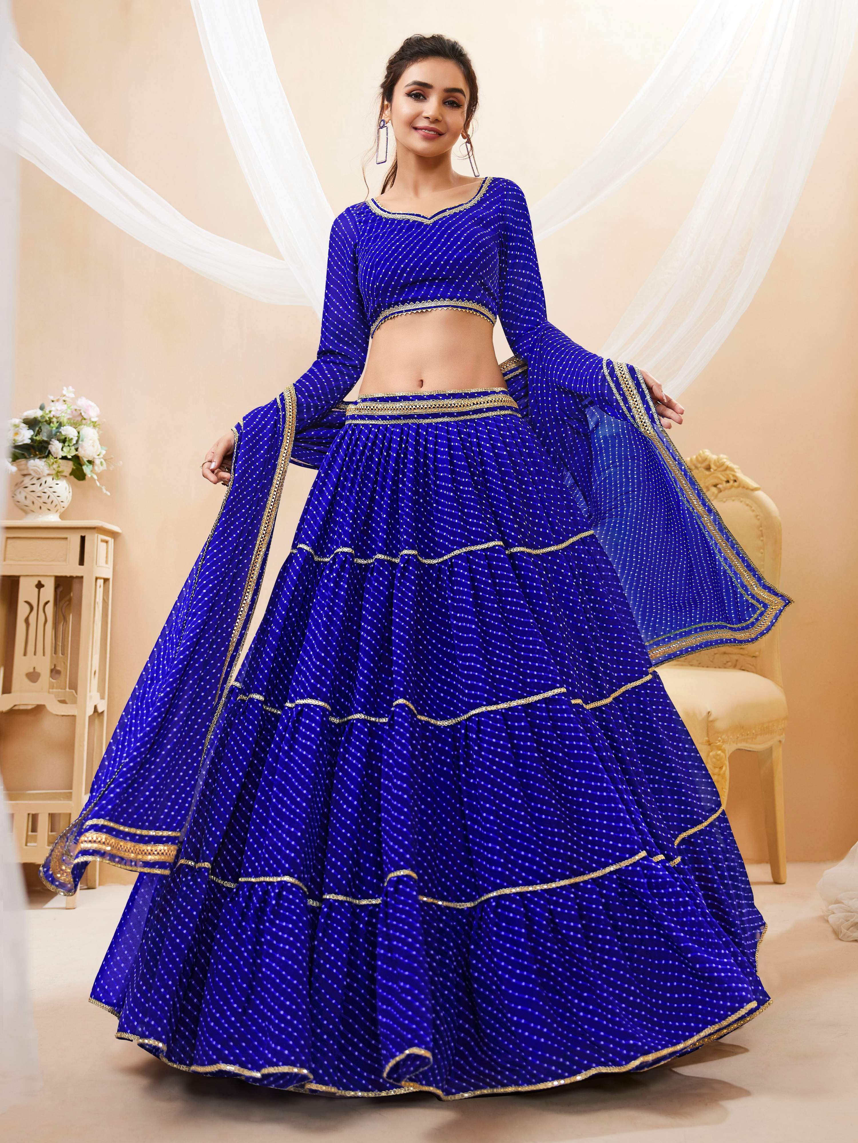 Jyoti Fashion Women's Blue Georgette Leheriya Printed with Lace Work Lehenga Choli & Dupatta