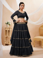 Jyoti Fashion Women's Black Georgette Leheriya Printed with Lace Work Lehenga Choli & Dupatta