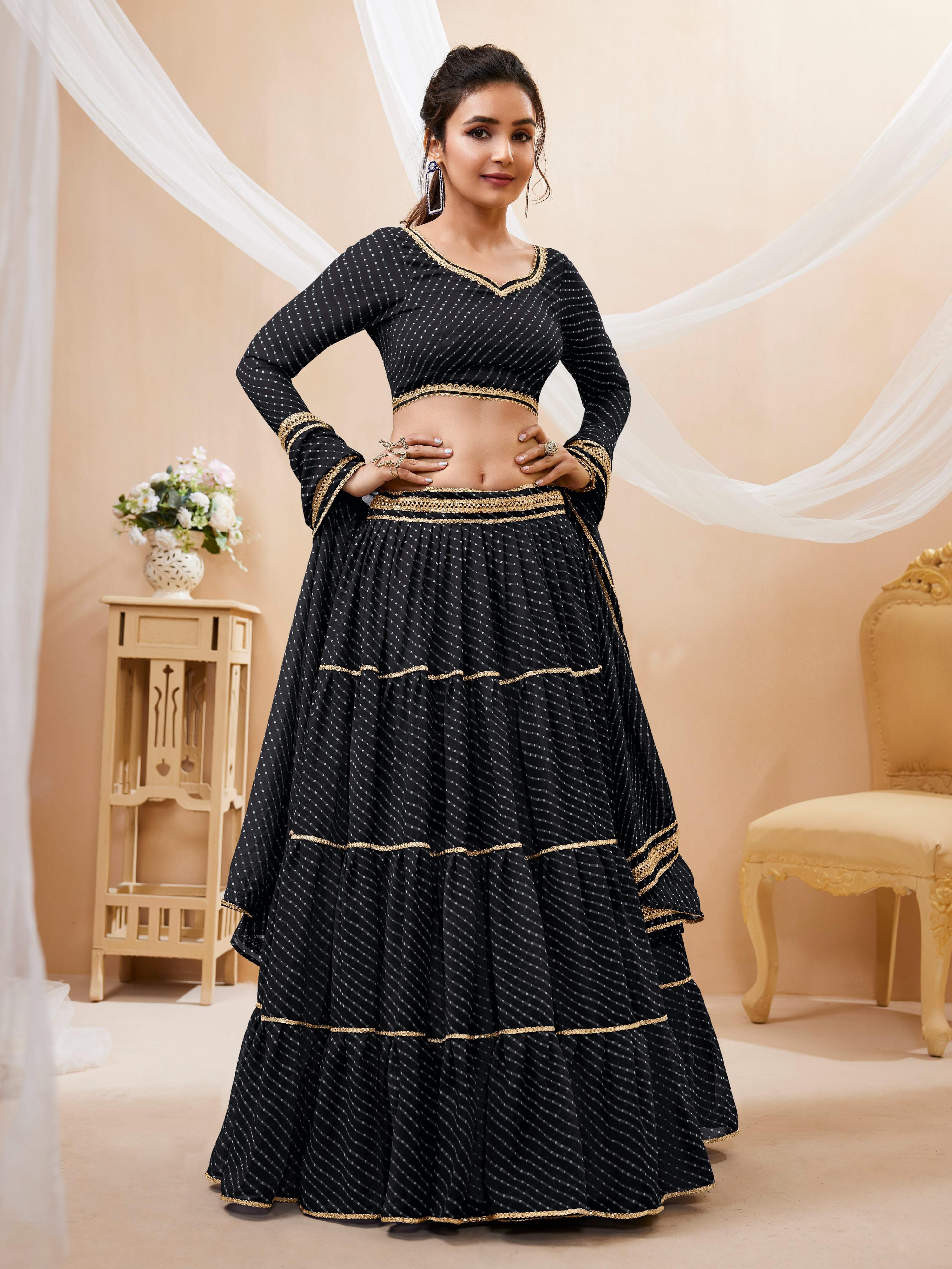 Jyoti Fashion Women's Black Georgette Leheriya Printed with Lace Work Lehenga Choli & Dupatta