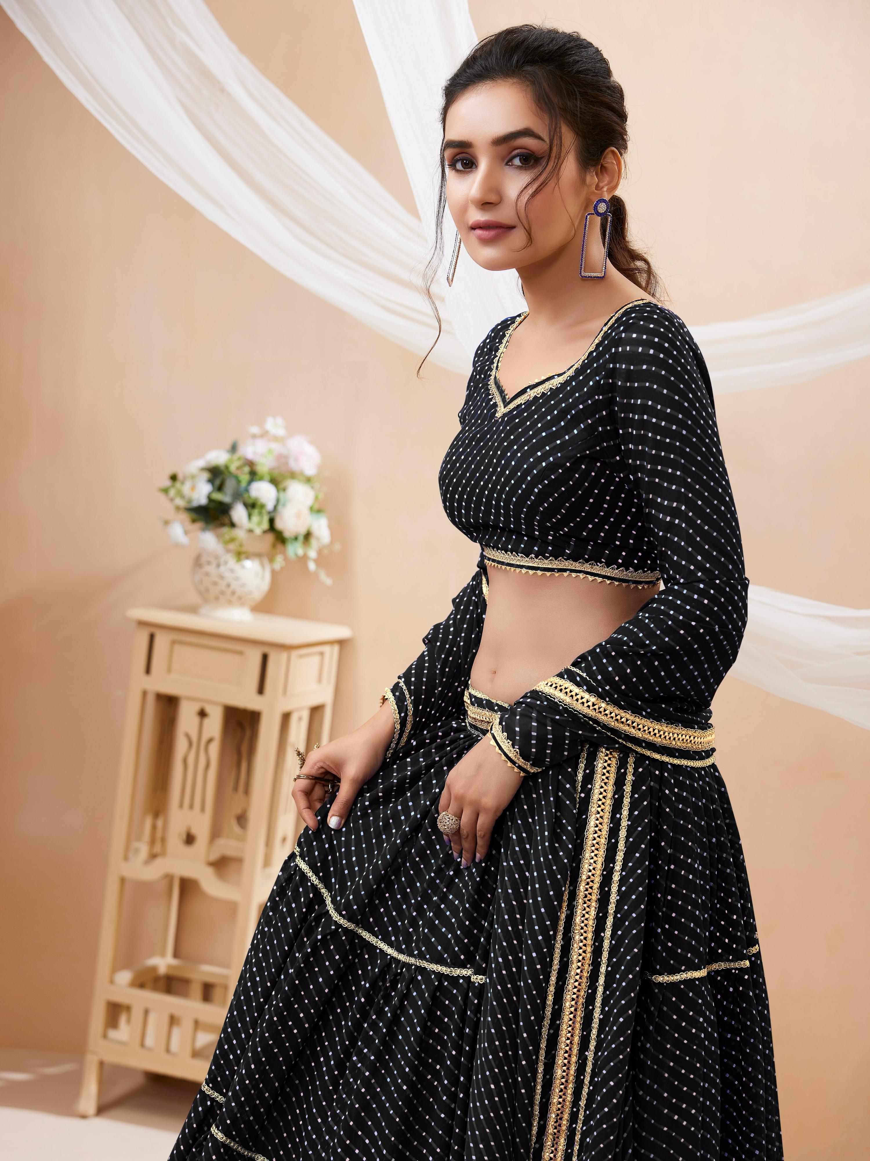 Jyoti Fashion Women's Black Georgette Leheriya Printed with Lace Work Lehenga Choli & Dupatta