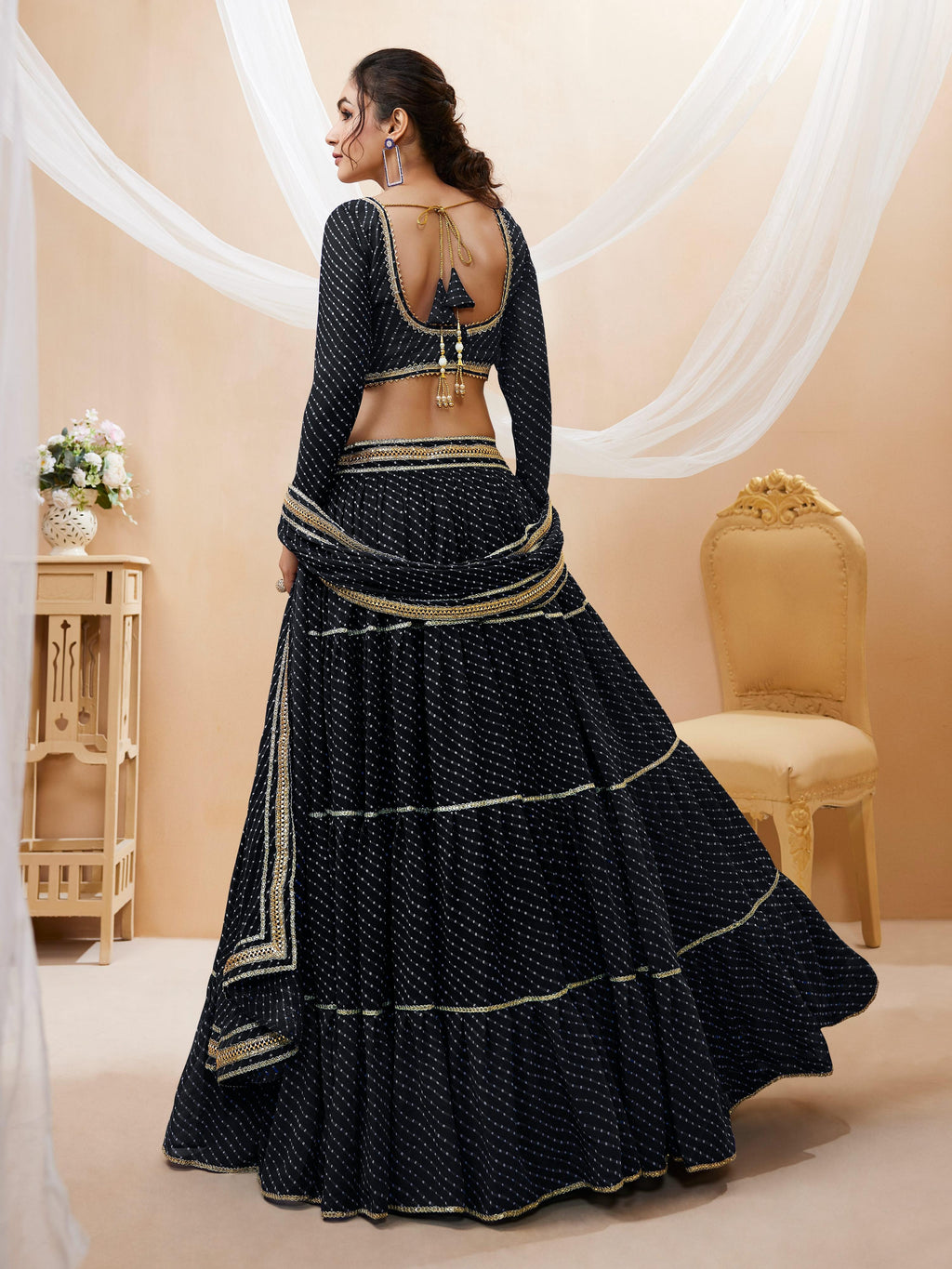 Jyoti Fashion Women's Black Georgette Leheriya Printed with Lace Work Lehenga Choli & Dupatta