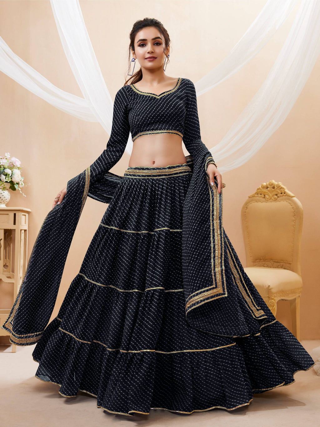 Jyoti Fashion Women's Black Georgette Leheriya Printed with Lace Work Lehenga Choli & Dupatta