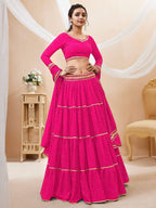 Jyoti Fashion Women's Pink Georgette Leheriya Printed with Lace Work Lehenga Choli & Dupatta