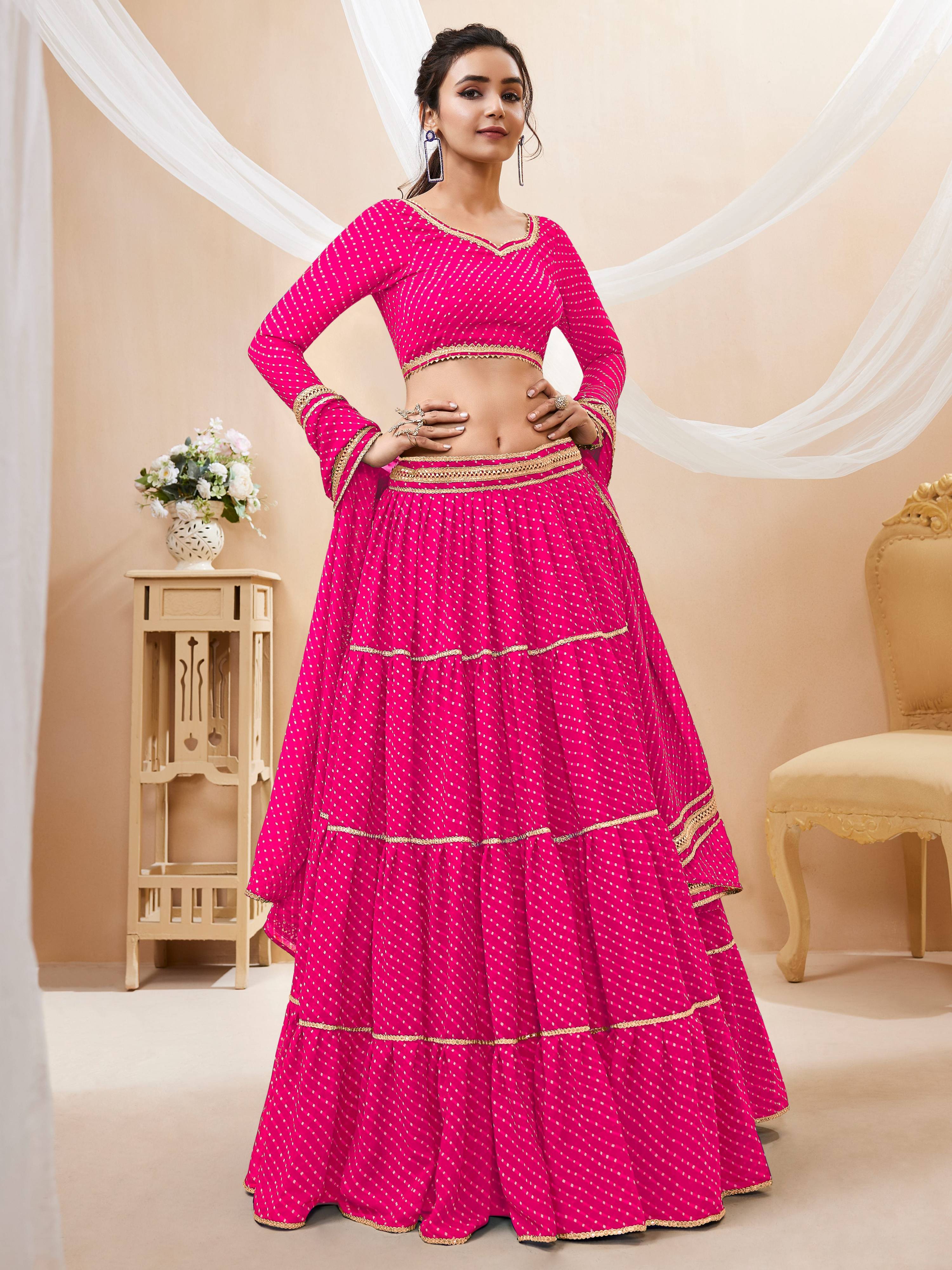 Jyoti Fashion Women's Pink Georgette Leheriya Printed with Lace Work Lehenga Choli & Dupatta