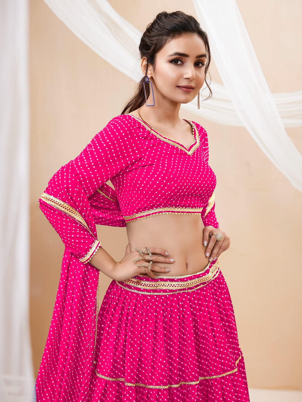 Jyoti Fashion Women's Pink Georgette Leheriya Printed with Lace Work Lehenga Choli & Dupatta