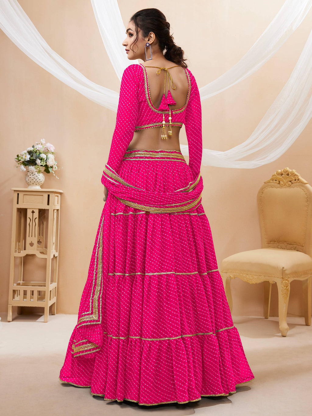 Jyoti Fashion Women's Pink Georgette Leheriya Printed with Lace Work Lehenga Choli & Dupatta