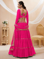 Jyoti Fashion Women's Pink Georgette Leheriya Printed with Lace Work Lehenga Choli & Dupatta