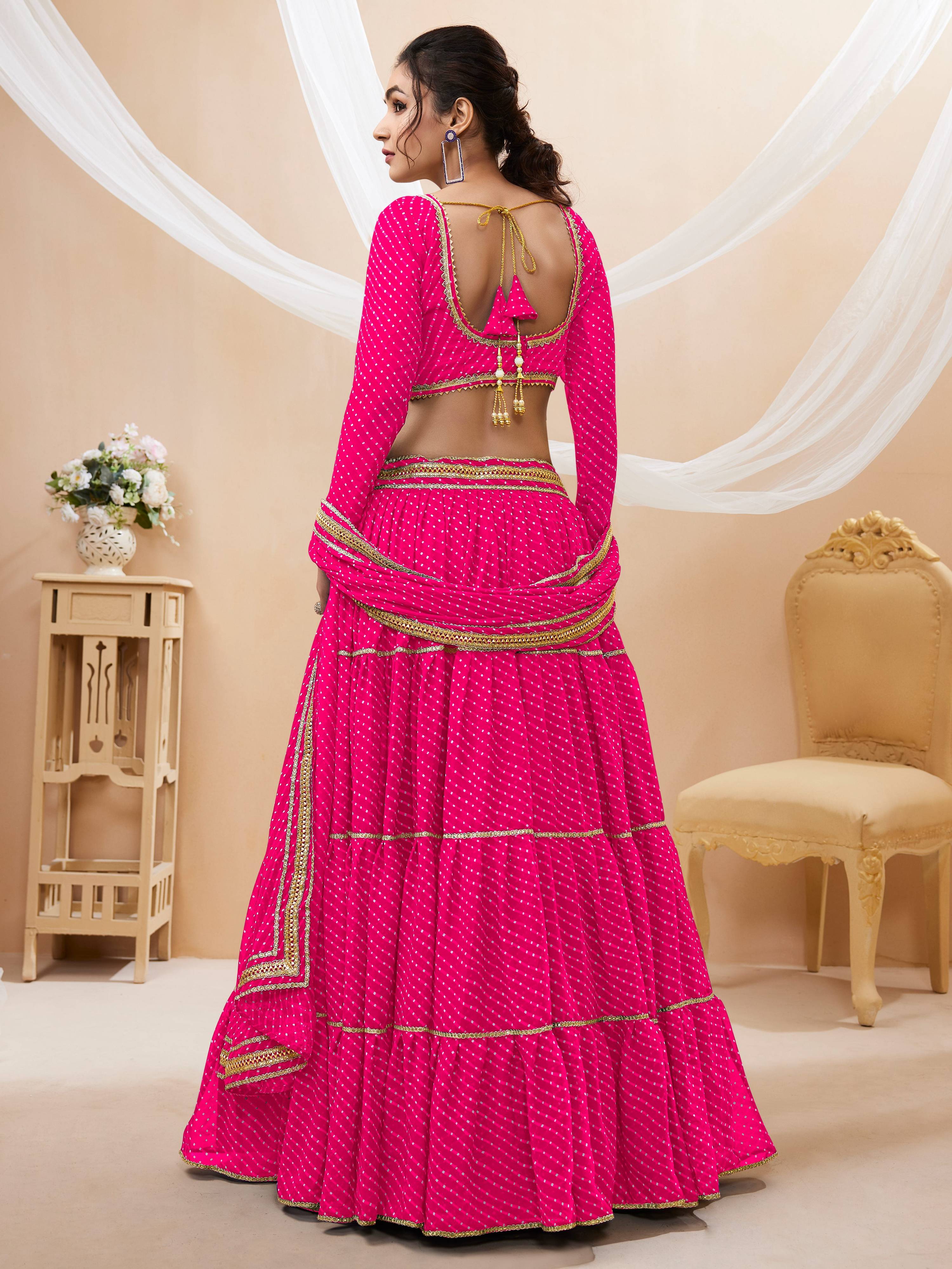 Jyoti Fashion Women's Pink Georgette Leheriya Printed with Lace Work Lehenga Choli & Dupatta