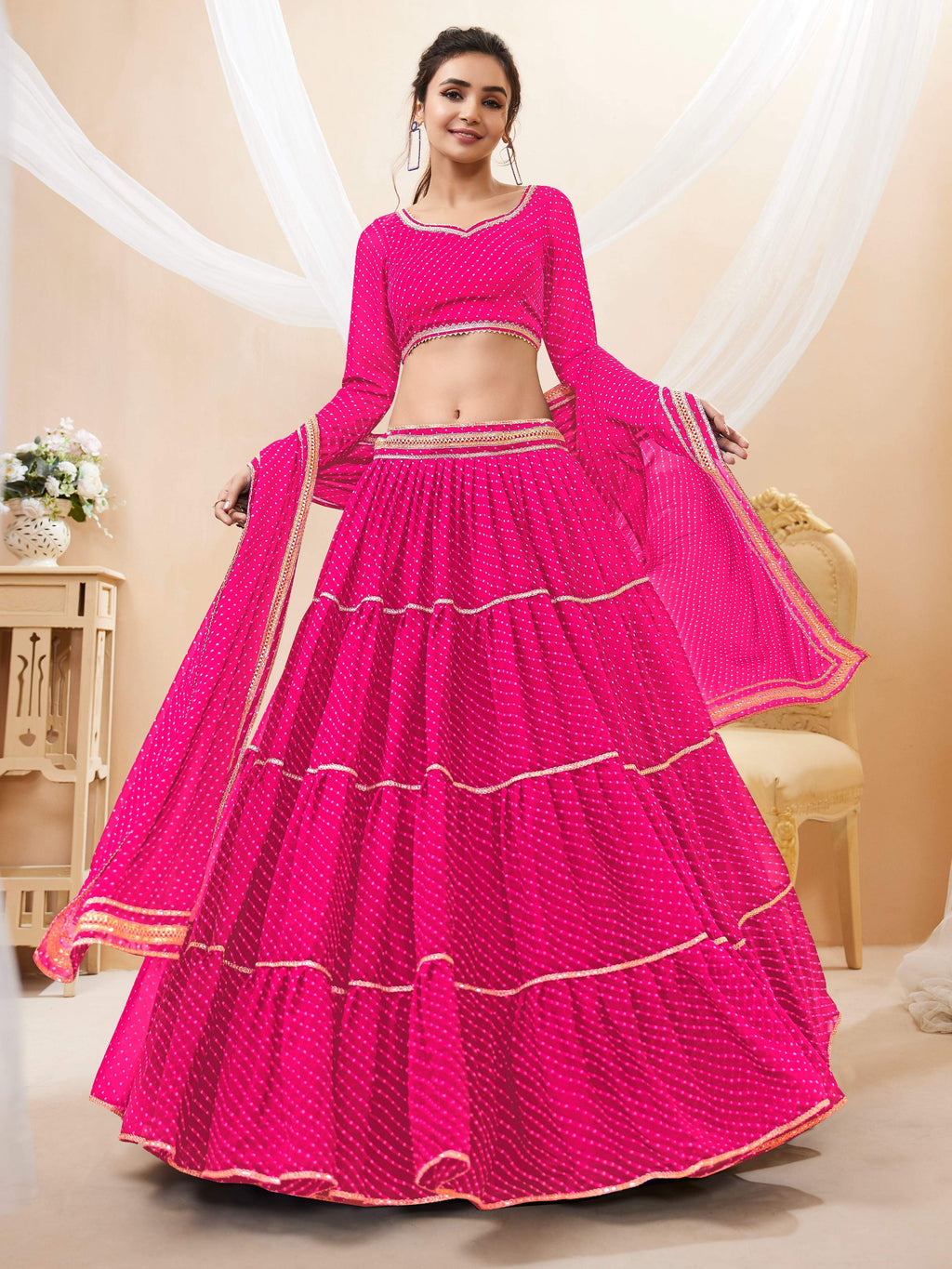 Jyoti Fashion Women's Pink Georgette Leheriya Printed with Lace Work Lehenga Choli & Dupatta
