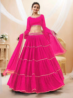 Jyoti Fashion Women's Pink Georgette Leheriya Printed with Lace Work Lehenga Choli & Dupatta