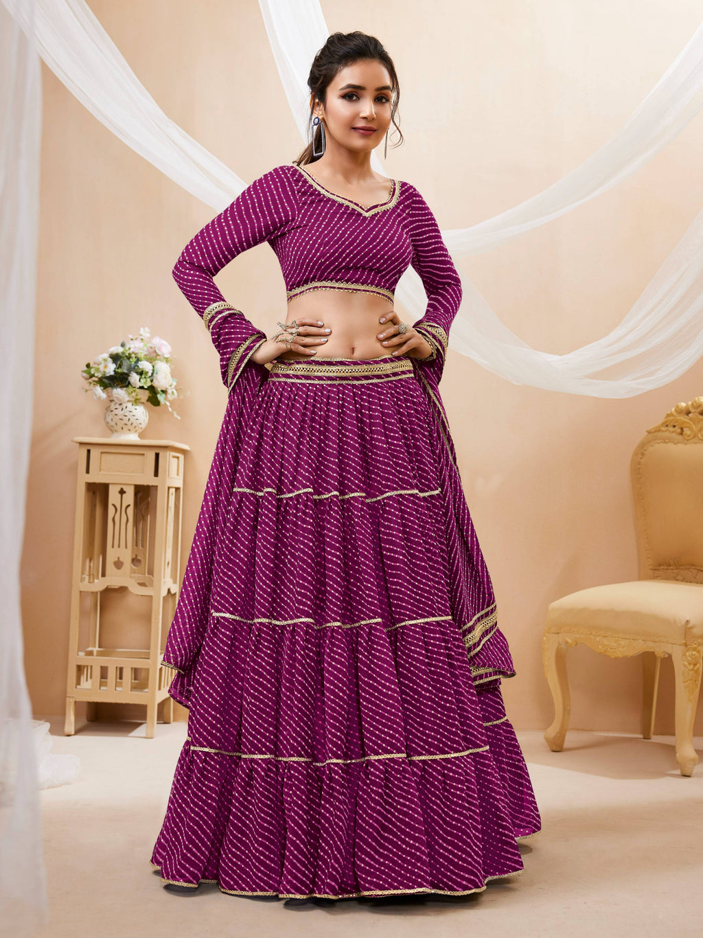 Jyoti Fashion Women's Purple Georgette Leheriya Printed with Lace Work Lehenga Choli & Dupatta